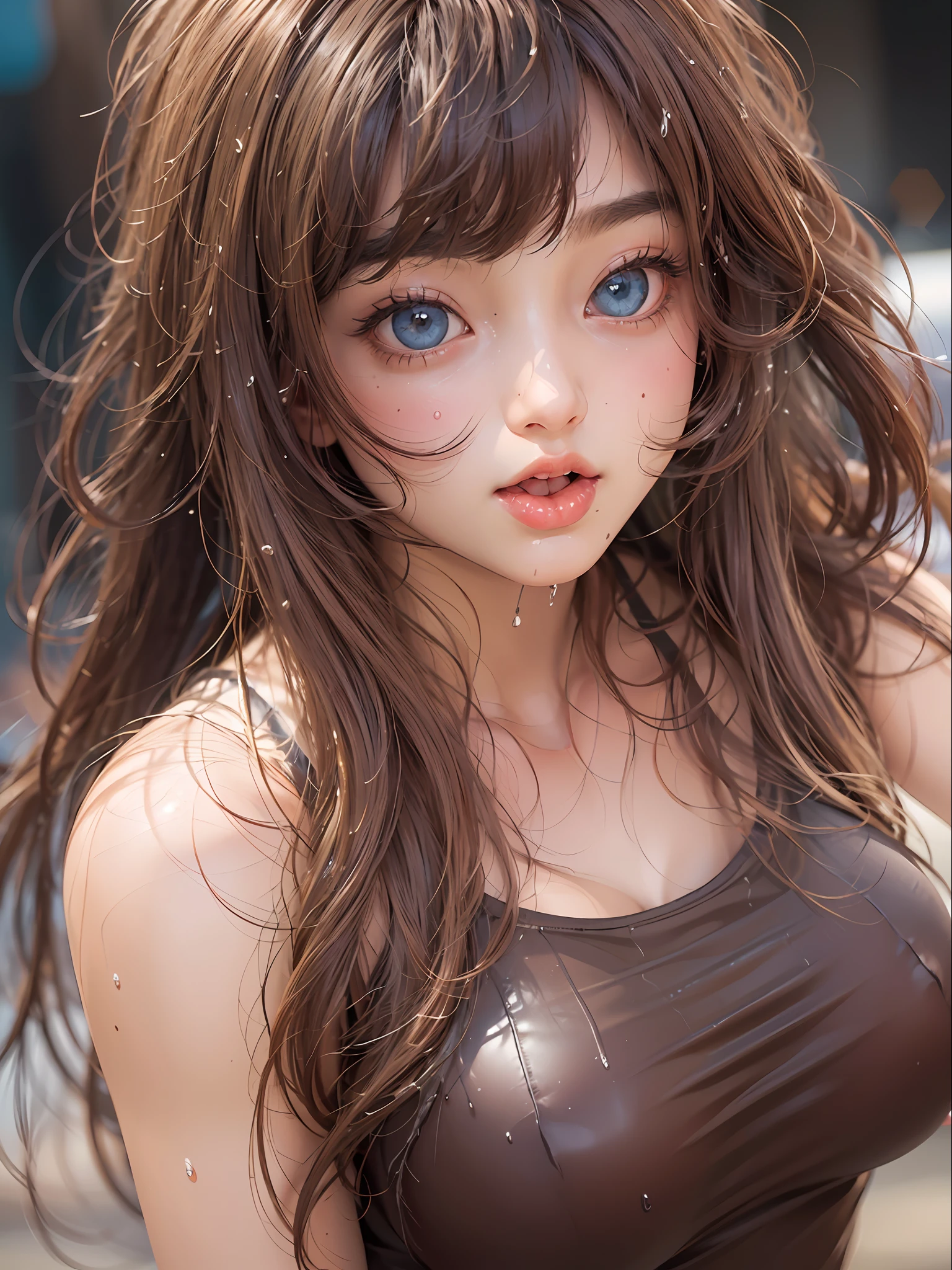 best quality, ultra high res, (photorealistic:1.4), 8k resolution, girl, (brown random hair:1.3), (realistic hair:1.2), (Korean girl:1.2), (realistic eyes:1.2), (beauty face:1.3), perfect body, white pale skin, big breast, cleavage, (mouth and tongue open:1.2), (top angle:1.3), (wet thong:1.2),