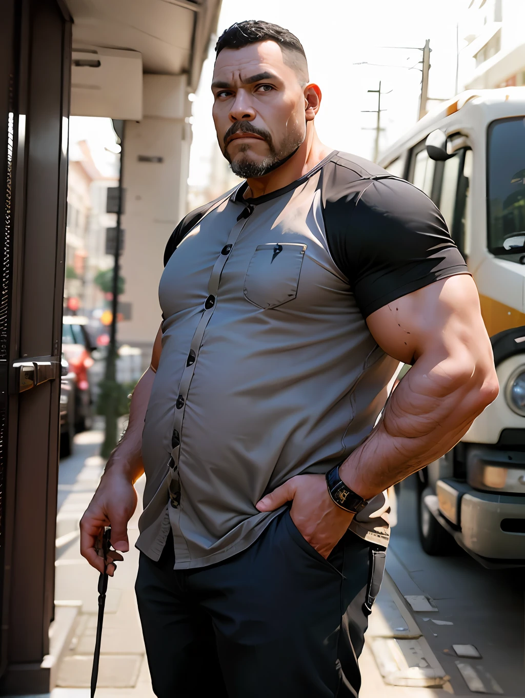 Um retrato fotografia de corpo inteiro Um motorista de caminhoneiro pesado de meia idade trativo, careca Forte, musculoso, big bulge, cabeludo fisiculturista de barriga grande, showing very hairy groin area, epic realistic, foto, desbotado, cores neutras, ((((hdr)))), cores mudas, cena intrincada, artstation, detalhes intrincados, vinheta