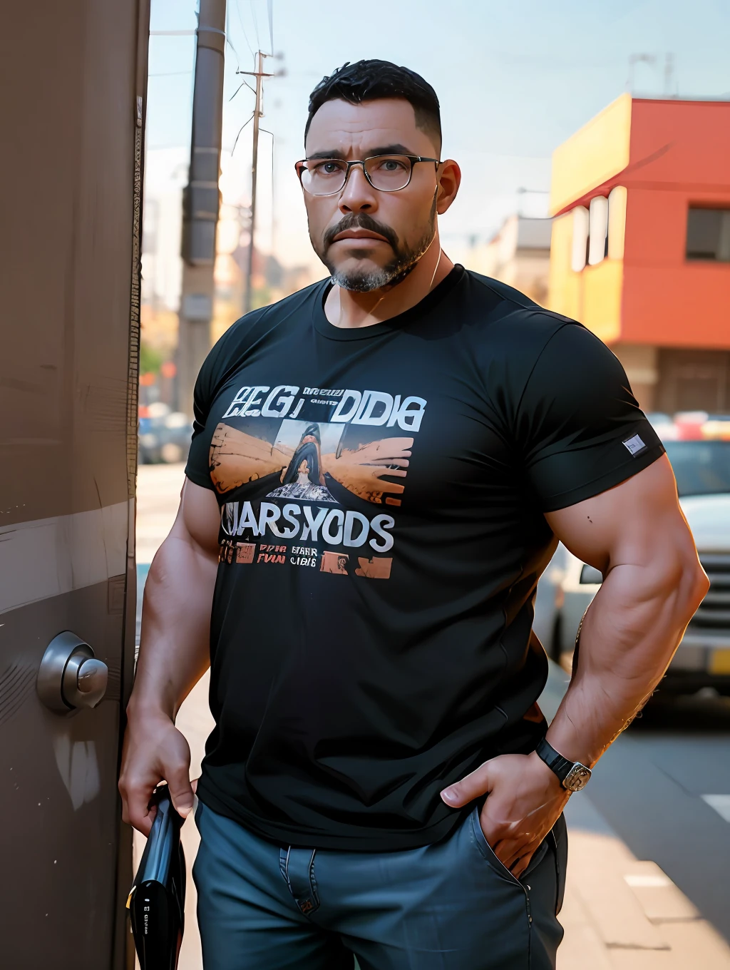 Um retrato fotografia de corpo inteiro Um motorista de caminhoneiro pesado de meia idade trativo, careca Forte, musculoso, big bulge, cabeludo fisiculturista de barriga grande, showing very hairy groin area, epic realistic, foto, desbotado, cores neutras, ((((hdr)))), cores mudas, cena intrincada, artstation, detalhes intrincados, vinheta