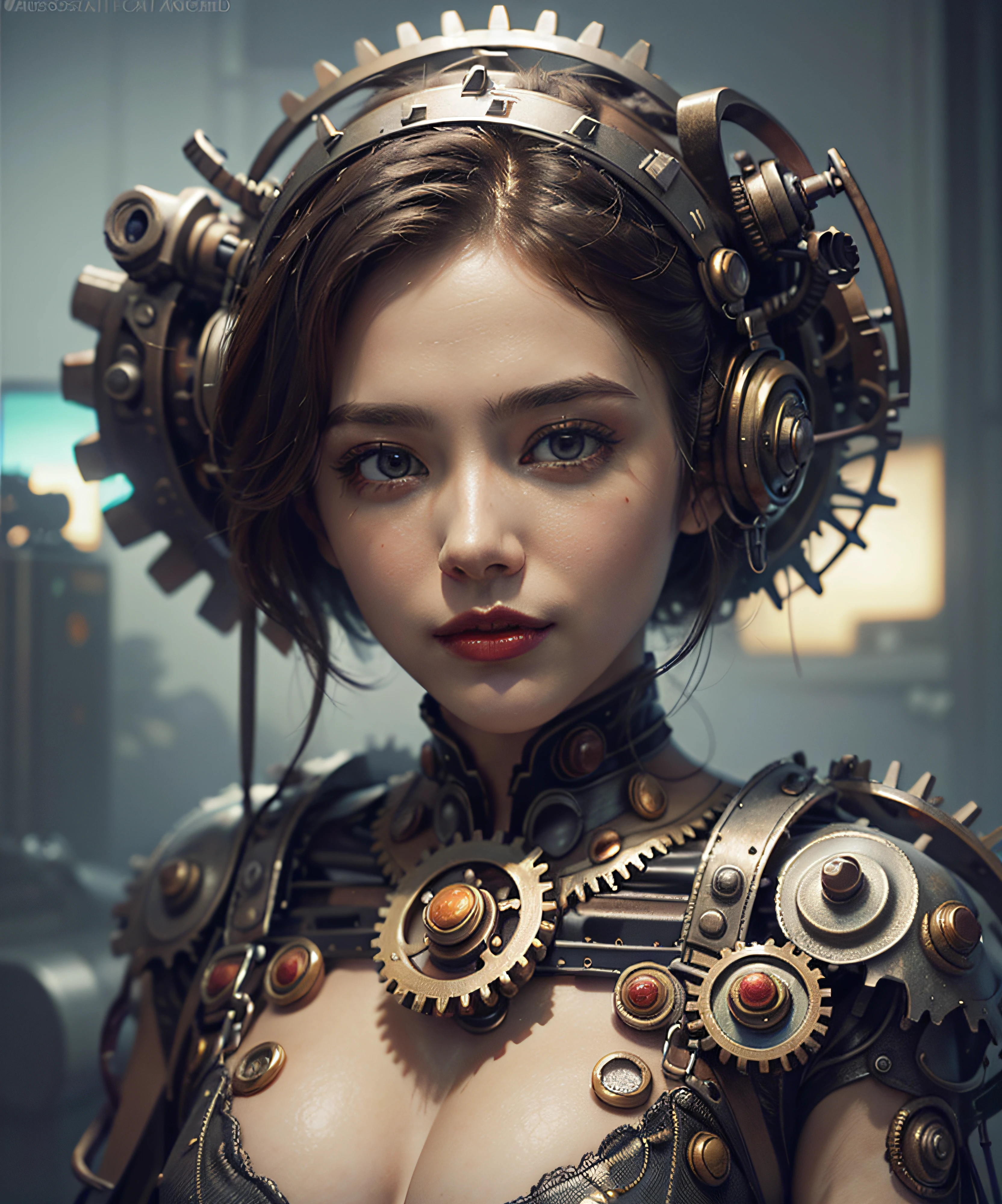 There's a woman with gears attached to her head with steam, Portrait of a mechanical woman, Arte digital 4K realista, Arte digital 4K realista, Wojtek FUS, Arte digital altamente detalhada em 4k, Cyber Steampunk 8K 3D, arte steampunk digital, Arte digital realista 8k, Arte digital detalhada em 4k, Arte cyberpunk 8K ultrarrealista, arte conceitual ultra realista,