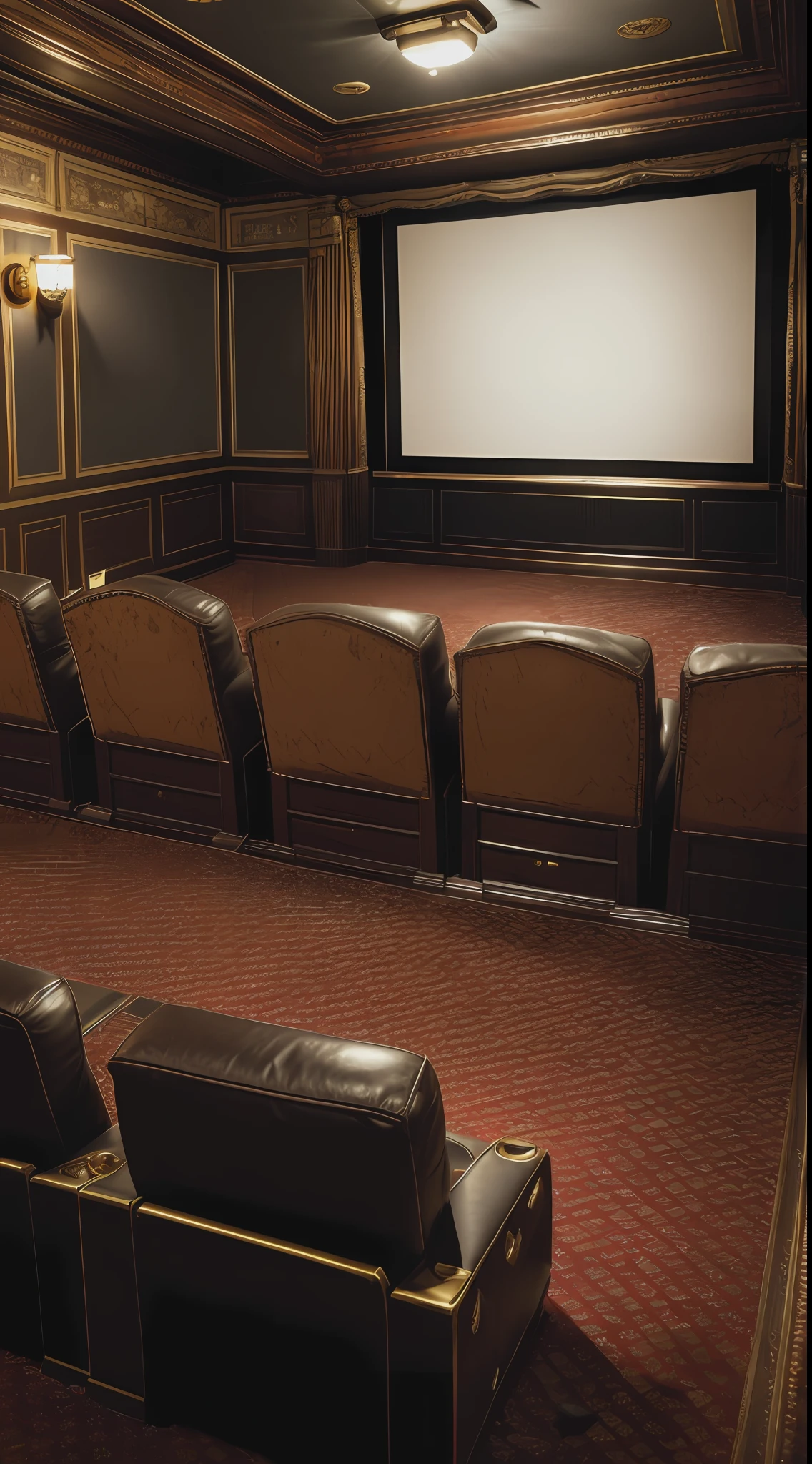(masterpiece, 8K, best quality, UHD:1.2), White House private movie room, (old-fashioned movie projector:1.3), intricate woodwork, leather upholstered chairs, draped velvet curtains, dark and rich colors, old film reels, vintage popcorn machine, brass details, (warm ambient lighting:1.1), grayscale, (aged photo effect:1.2), nostalgic atmosphere, diagonal shot, preparing for screening.