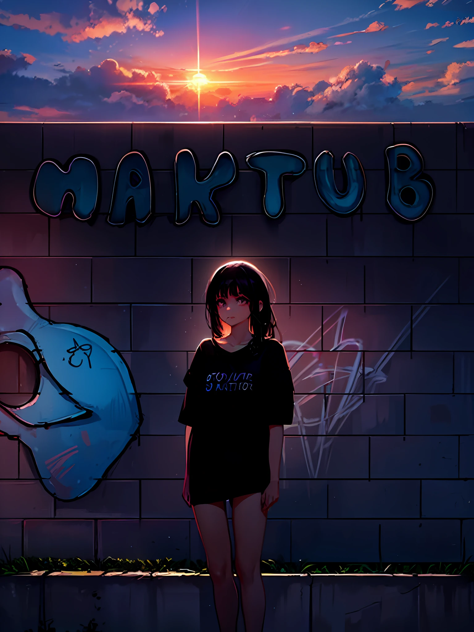 There's a girl in front of a brick wall with graffiti, grafite ao fundo, fanart menina urbana, idade 21 anos, cabelo preto, olhos pretos, por do sol na parte superior, sunset reflecting the sky, low lighting, detalhes intrincados