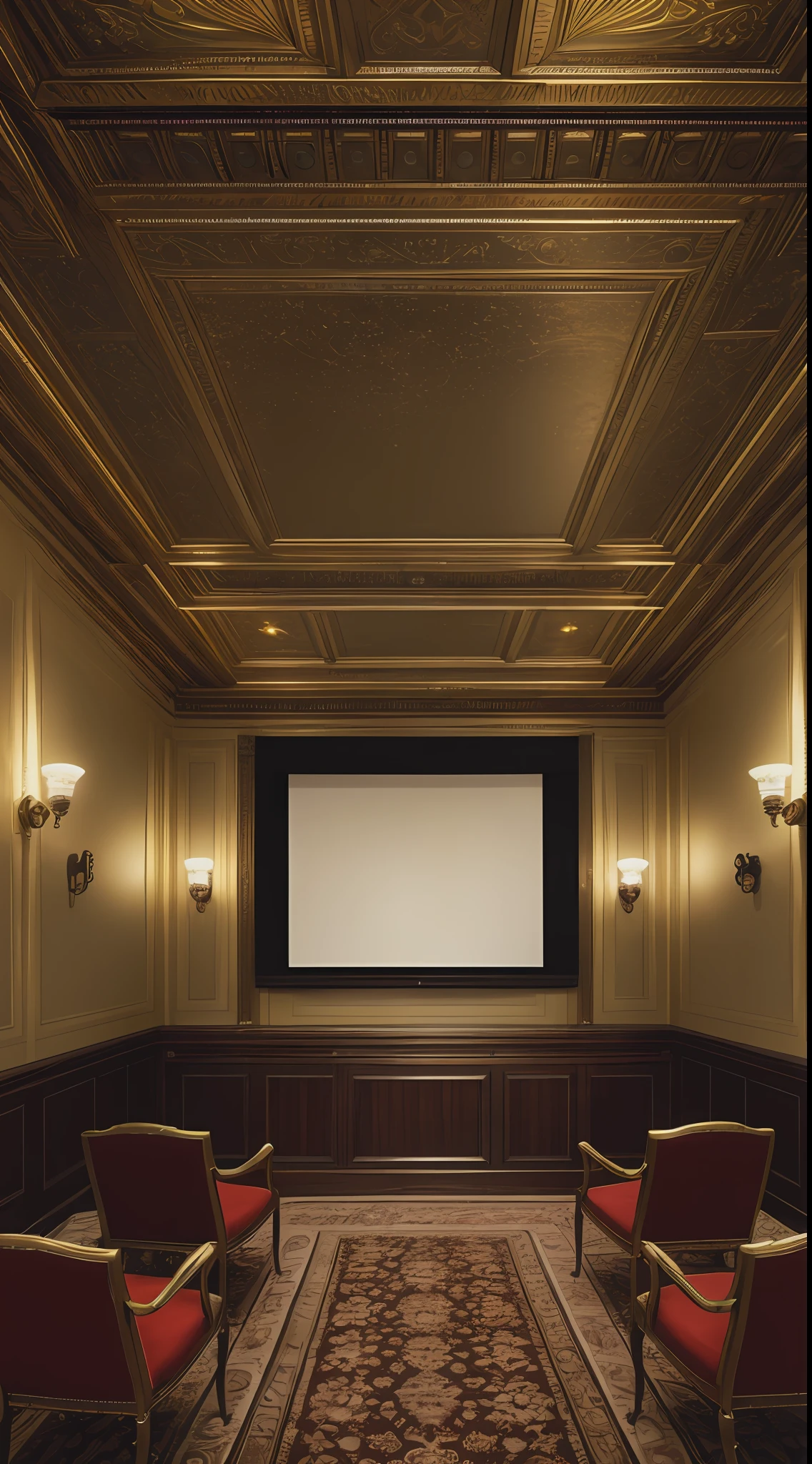 (masterpiece, UHD, photo-realistic, rich background:1.4), early 20th-century White House movie room, (classic film projector:1.2), ornate interior, deep mahogany paneling, luxurious velvet-covered chairs, gold trimmings, antique wall sconces, soft golden glow, sepia tones, (vintage photograph texture:1.3), silent movie era posters, intriguing shadows, calm atmosphere, looking at viewer, about to start a film.