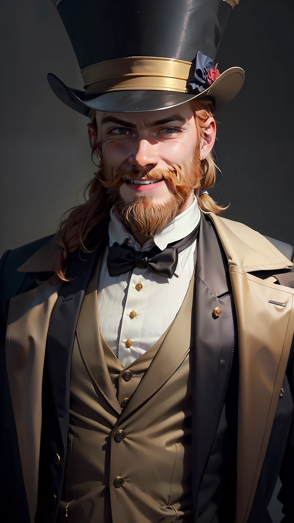 Hyper detailed and hyper realistic image of the face of an old chimpanzee with golden red-haired Viking beard wearing an elegant Victorian top hat, wearing an overcoat and a Victoria vest, He expresses a sarcastic smile and a confident look, His eyes are golden and sober. Estilo fotorrealismo, Video grain, RAW, masterpiece. Sober background highlighting the subject of the image