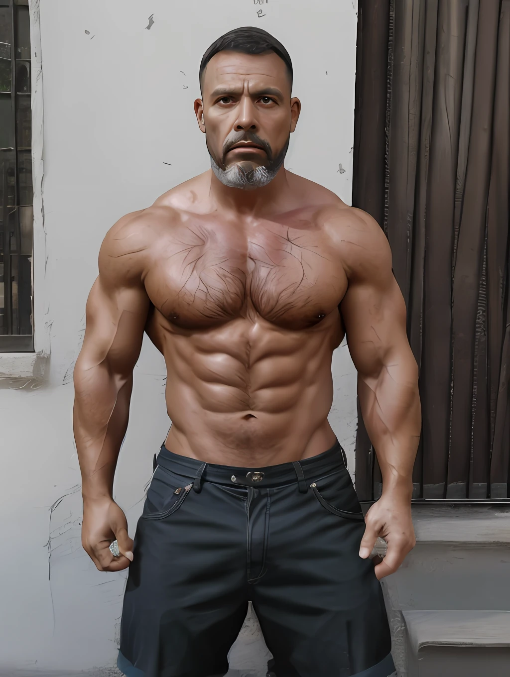 Um retrato fotografia de corpo inteiro Um motorista de caminhoneiro pesado de meia idade trativo, careca Forte, musculoso, big bulge, cabeludo fisiculturista de barriga grande, showing very hairy groin area, epic realistic, foto, desbotado, cores neutras, ((((hdr)))), cores mudas, cena intrincada, artstation, detalhes intrincados, vinheta