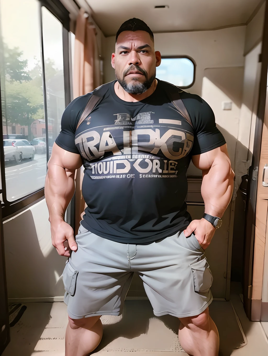 A portrait full body photograph A tractive mid age heavy trucker-driver, bald Strong, muscular, hairy big belly bodybuilder, showing very hairy groin area, epic realistic, photo, faded, neutral colors, ((((hdr)))), muted colors, intricate scene, artstation, intricate details, vignette