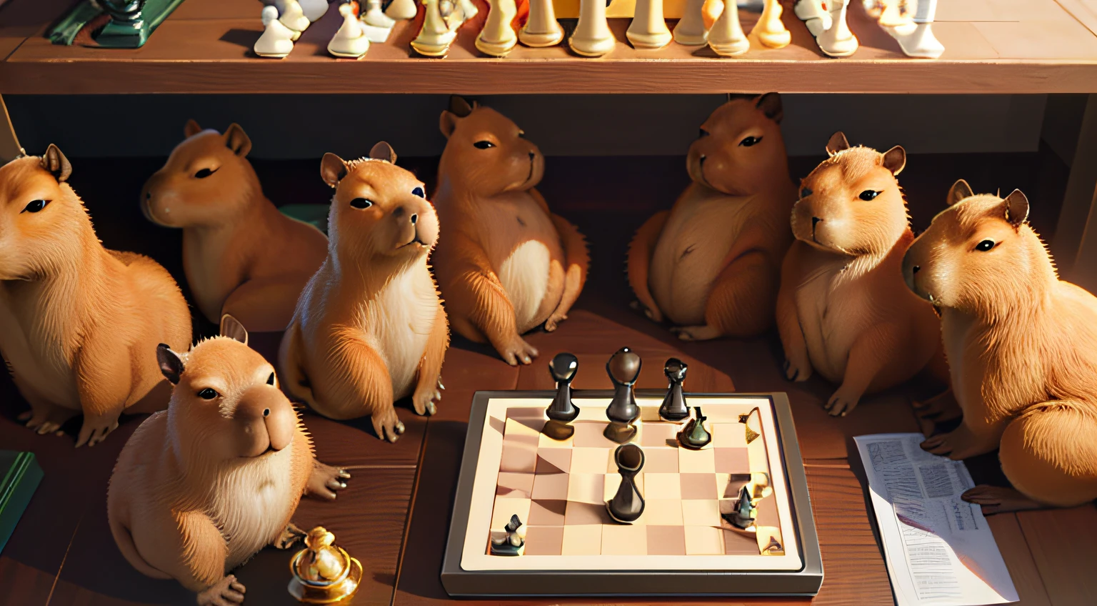 no humans, capybara, multiple capybara, baby capybara, wooden chessboard, wooden weat, japanese nature, chess pieces, chess game, beautiful chess tournament, high detail, (masterpiece, best quality), details intricate, high detail, detailed skin texture, (goosebumps: 0.3), subsurface scattering, vibrant colors,
