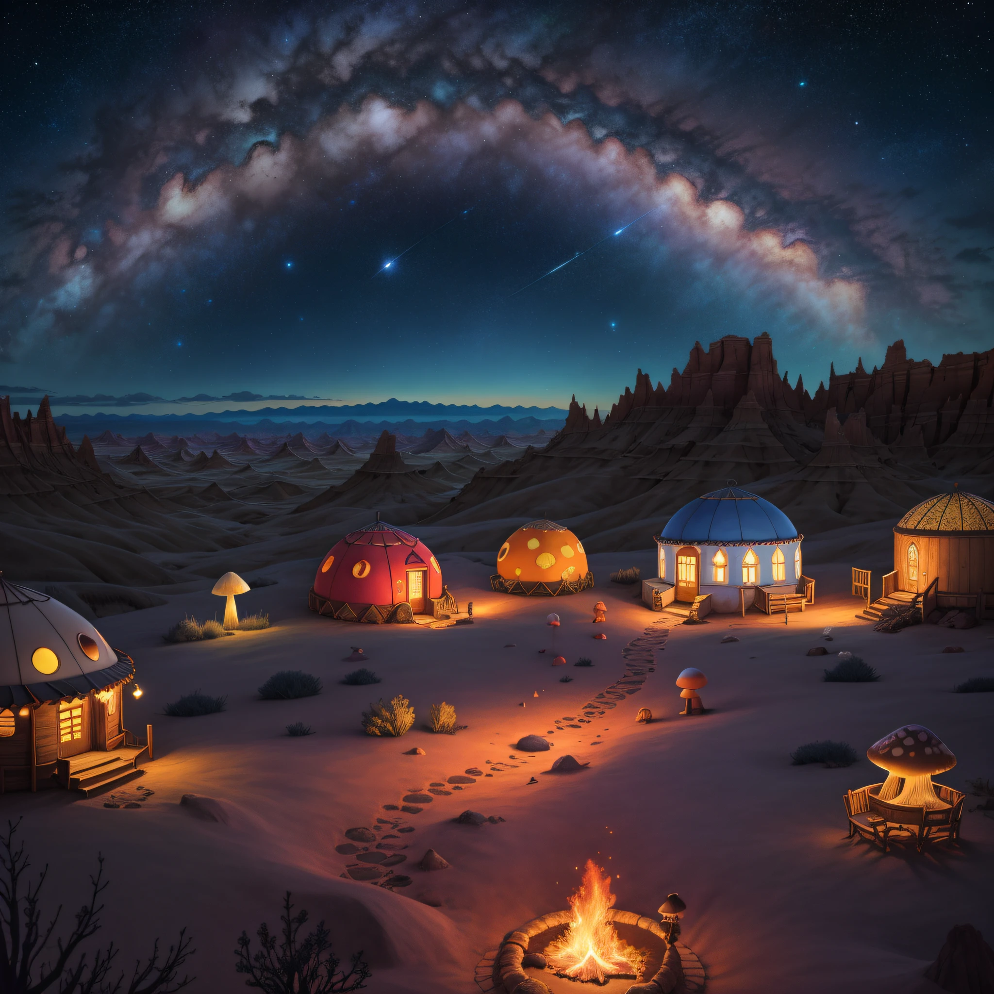 4k, hdr, high quality, Yurt, beautiful, Renaissance alchemist, looking away, Arid Badlands, Whimsical Mushroom Village, Coral reef,  nigh sky, stars, clouds, fiery sky, space, moon, art by Italo Calvino and Junji Ito