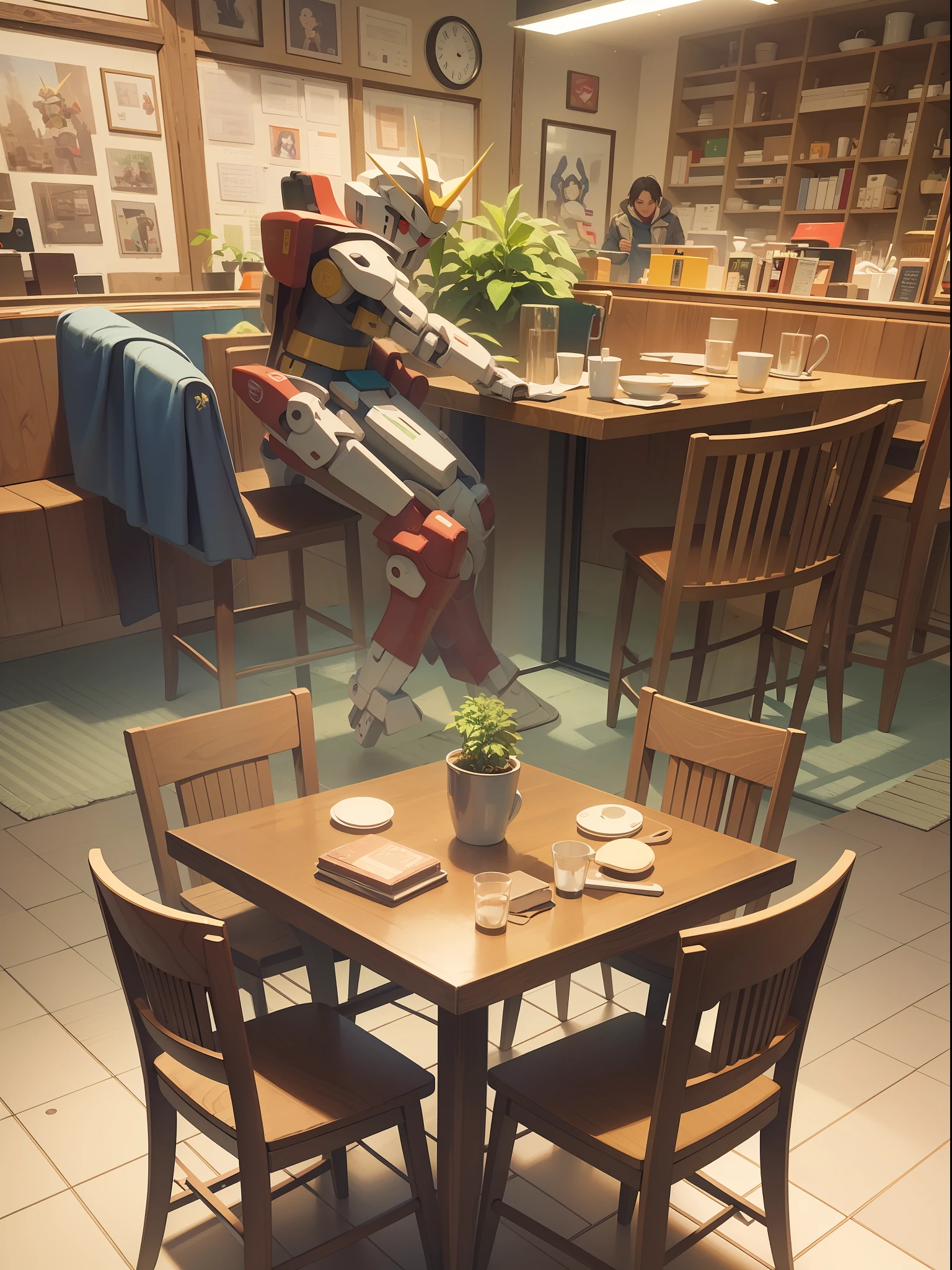 (Machinary：Genzu Gundam:1.331)，((Genzu Gundam sits in a chair in the café))，(There are potted plants on the cafe table)，(Genzo Gundam drinking coffee in a café)，drinking a coffee，(Hot coffee),Up to RX78，The mech is rich in detail，Refined mecha，Coca-Cola,Cute style，Little，big headed，(Hot Wheels:1.331)，a 3D render，Pokémon style，Machine style，Cinematic texture，Figures，Pokémon，电影灯光，Heavy robotic arm，Mechanical belly，mechanical leg，mechanical leg，Mechanical feel，The background surrounds lightning，salama，mizore，Ray traching，Premium color，Bust 3D model，Action，Stylish blind box toy。(fill body:1.2)，tchibi