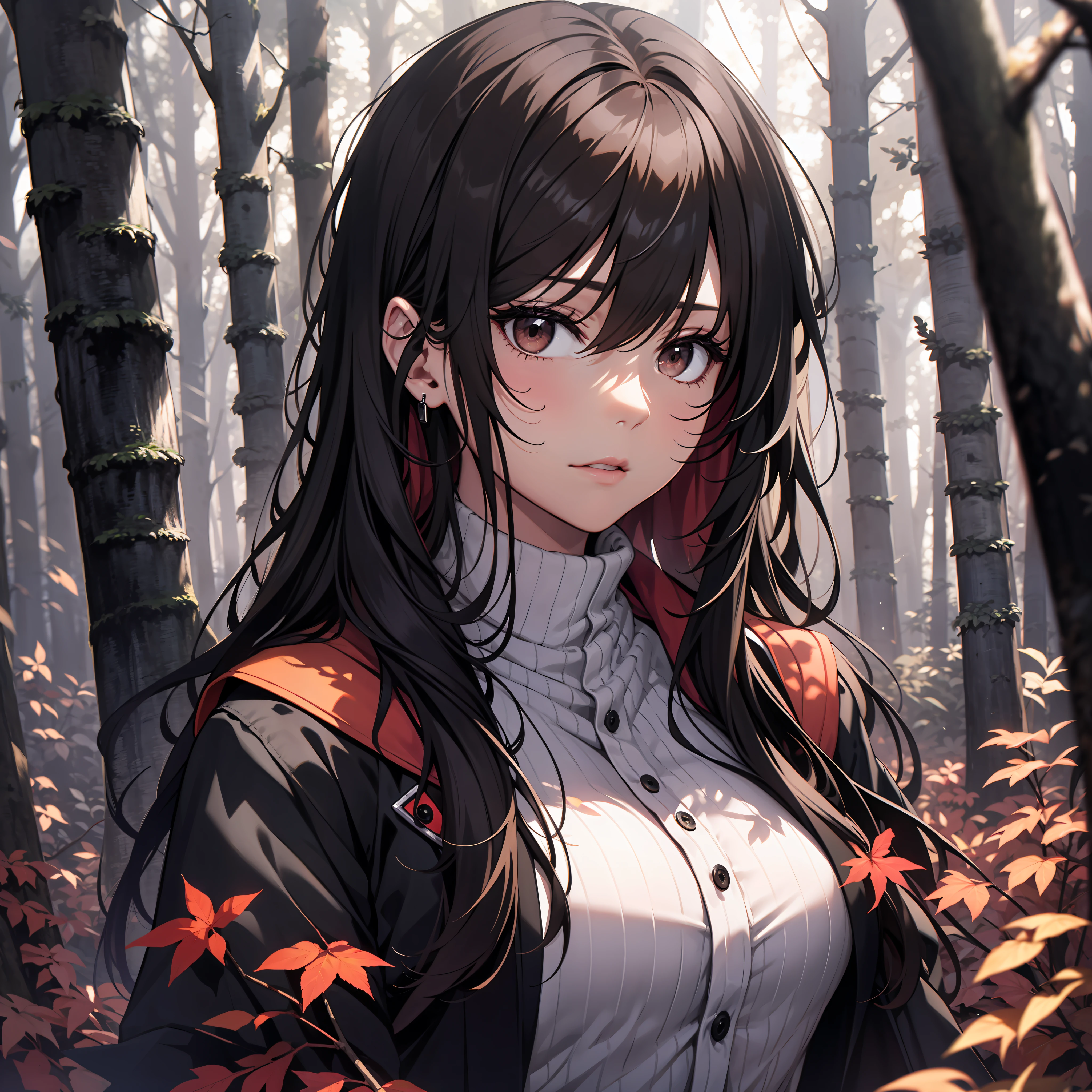 A young woman stands in a dark forest, surrounded by tall trees with red leaves. The person’s face is hidden by a blur, as if to protect their identity. They wear a black jacket and have dark hair that reaches their shoulders. The forest is dimly lit, creating a contrast between the red and black colors. The image evokes a sense of mystery and danger.