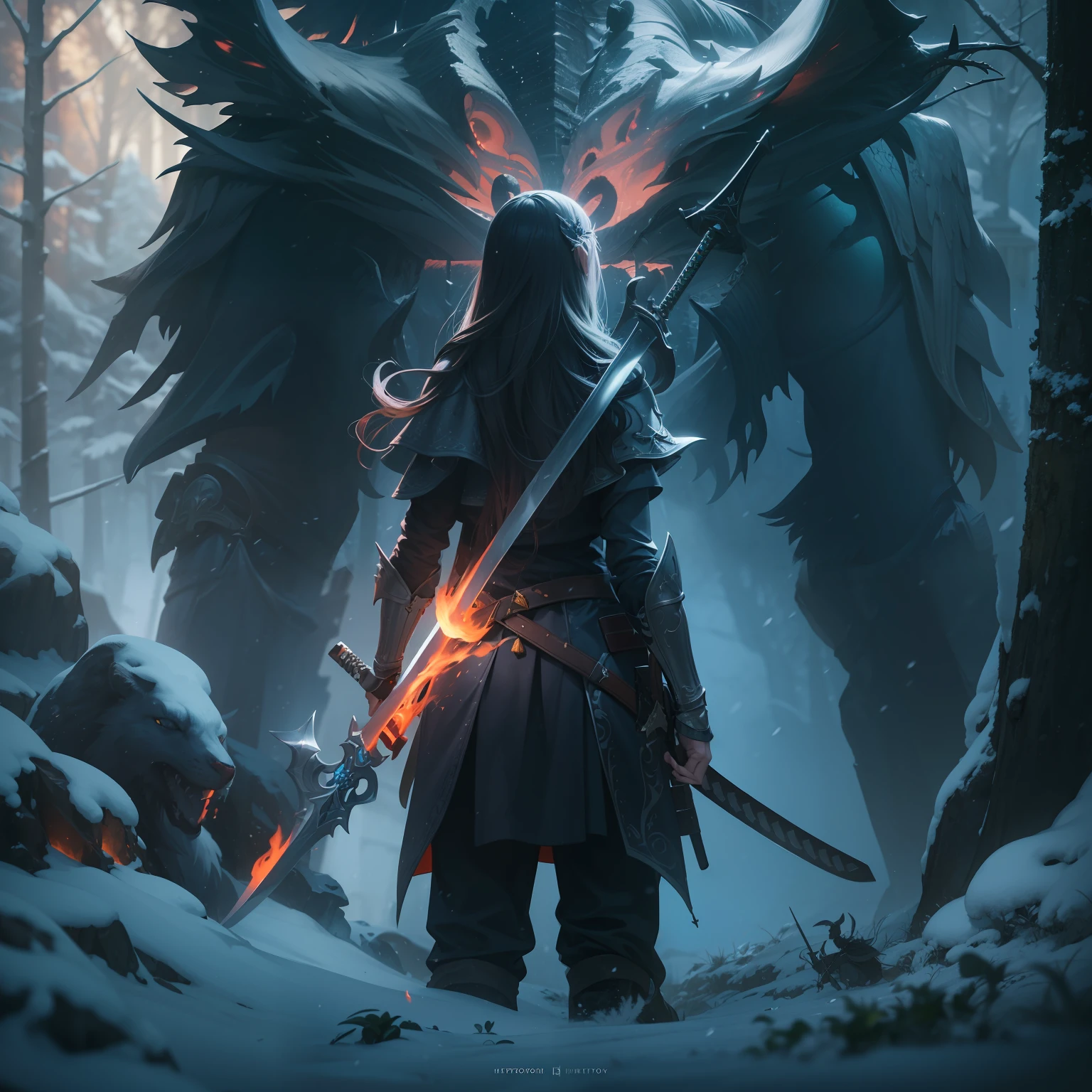 photorealistic, (hyperrealistic:1.2), beautiful, masterpiece, best quality, perfect lighting, (colorful),cinematic lighting,extremely detailed CG unity 8k wallpaper,,  jkrzsnow, Wild hunt demon, weapon, holding, sword, snowing, outdoors, forest, holding weapon, fire, from behind, one young girl, 1girl, holding sword, torch, scenery