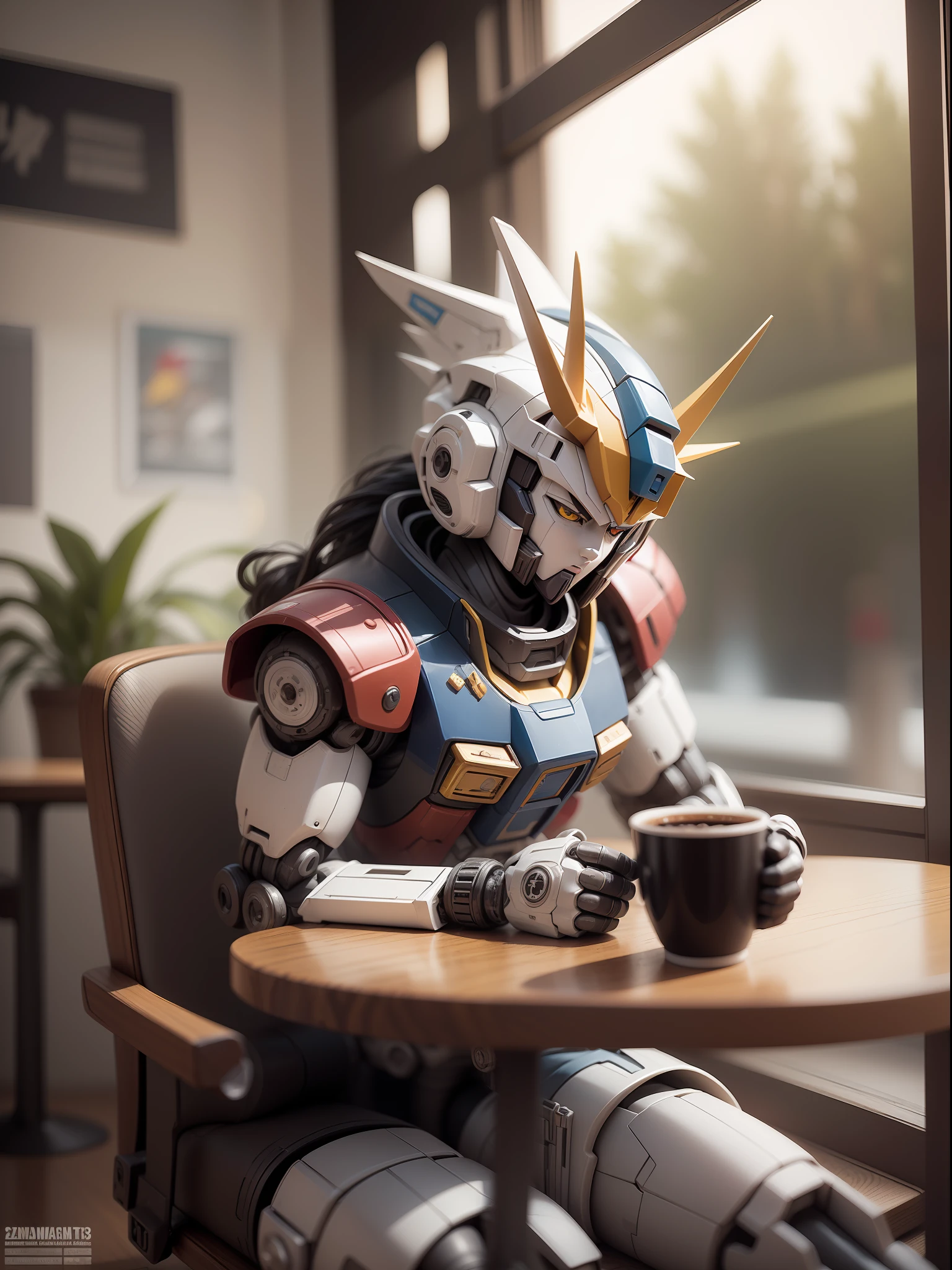 (Machinary：Genzu Gundam:1.331)，((Genzu Gundam sits in a chair in the café))，(There are potted plants on the cafe table)，(Genzo Gundam drinking coffee in a café)，drinking a coffee，(Hot coffee),Up to RX78，The mech is rich in detail，Refined mecha，Coca-Cola,Cute style，Little，big headed，(Hot Wheels:1.331)，a 3D render，Pokémon style，Machine style，Cinematic texture，Figures，Pokémon，电影灯光，Heavy robotic arm，Mechanical belly，mechanical leg，mechanical leg，Mechanical feel，The background surrounds lightning，salama，mizore，Ray traching，Premium color，Bust 3D model，Action，Stylish blind box toy。(fill body:1.2)，tchibi