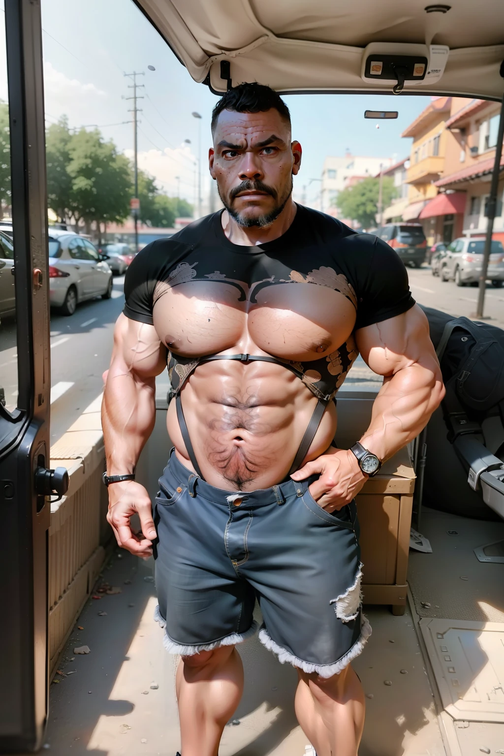 A portrait full body photograph A tractive mid age heavy trucker-driver, bald Strong, muscular, hairy big belly bodybuilder,   showing very hairy groin area, epic realistic, photo, faded, neutral colors, ((((hdr)))), muted colors, intricate scene, artstation, intricate details, vignette