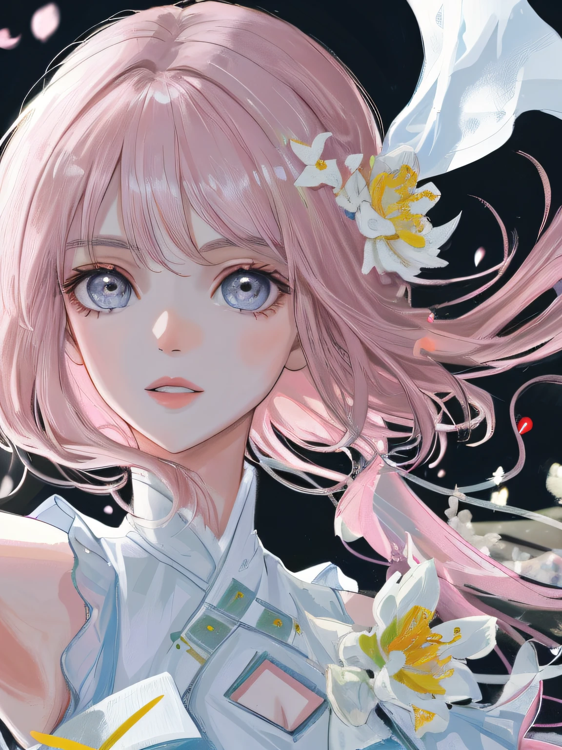 Obra-prima 8K superlativa, mulher anime, Retrato realista do vento frio, Sister, mulher de cabelo longo branco prateado, cabelos longos, light pink lips, franja calma e racional, pupilas cinzentas, fundo da flor, petals dancing, rosto delicado
