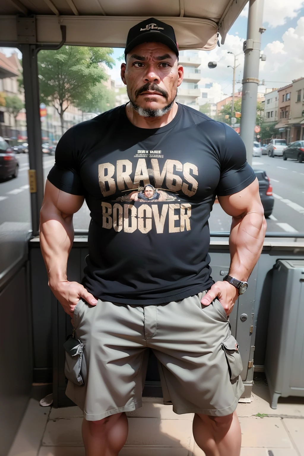 A portrait full body photograph A tractive mid age heavy trucker-driver, bald Strong, muscular, hairy big belly bodybuilder,   showing very hairy groin area, epic realistic, photo, faded, neutral colors, ((((hdr)))), muted colors, intricate scene, artstation, intricate details, vignette