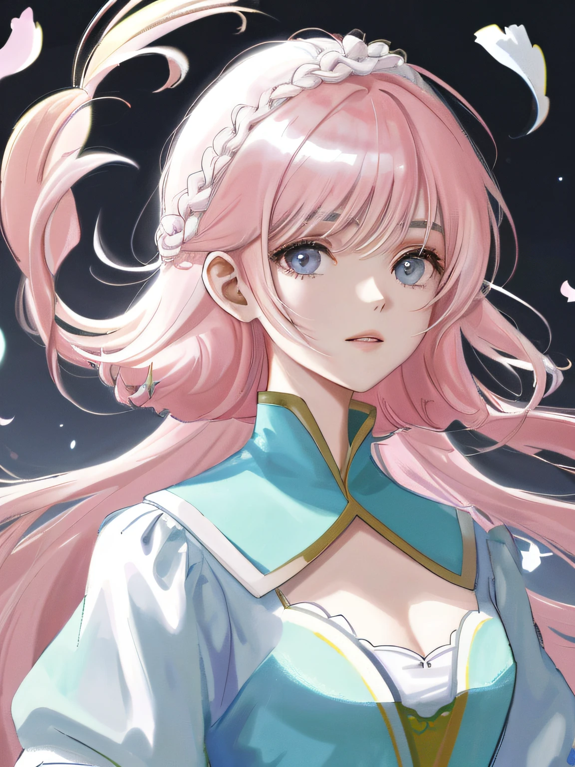 Obra-prima 8K superlativa, mulher anime, Retrato realista do vento frio, Sister, mulher de cabelo longo branco prateado, cabelos longos, light pink lips, franja calma e racional, pupilas cinzentas, fundo da flor, petals dancing, rosto delicado