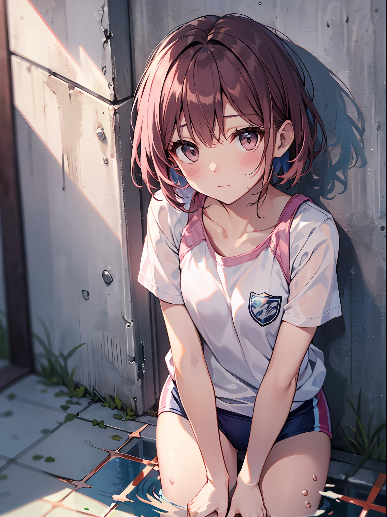 high-level image quality、top-quality、Does not blush cheeks、Slender beauty、{School swim wear}、short hair of pink color、Holding your knees
