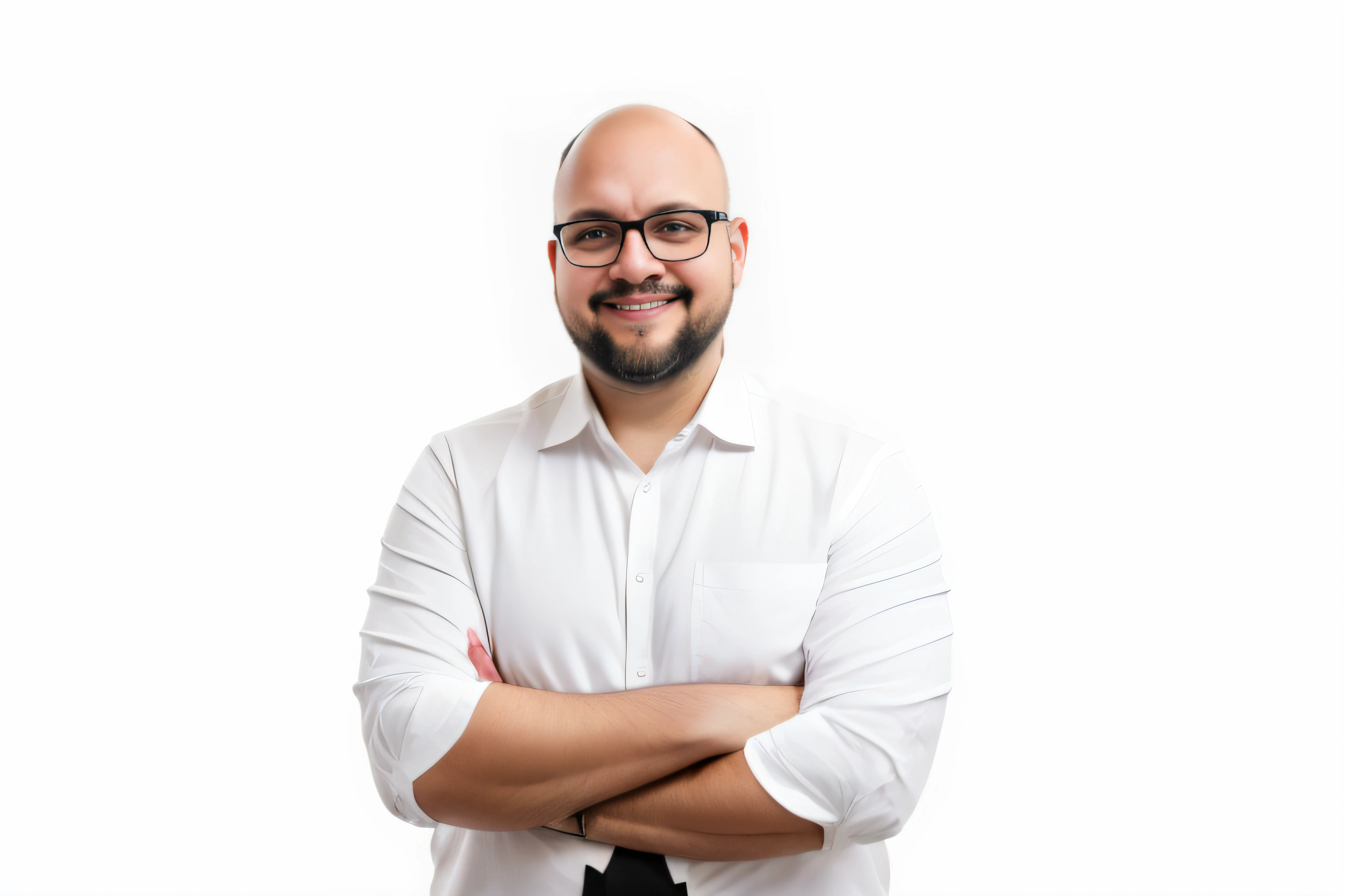 very detailed photo of a fat bald bearded man with glasses smiling and wearing a white shirt with arms crossed, 8k image, bald latin brazilian macho, wearing a all white shirt, black muslim beard, straight look, protodesignbrasil, Nadav Kander style --auto