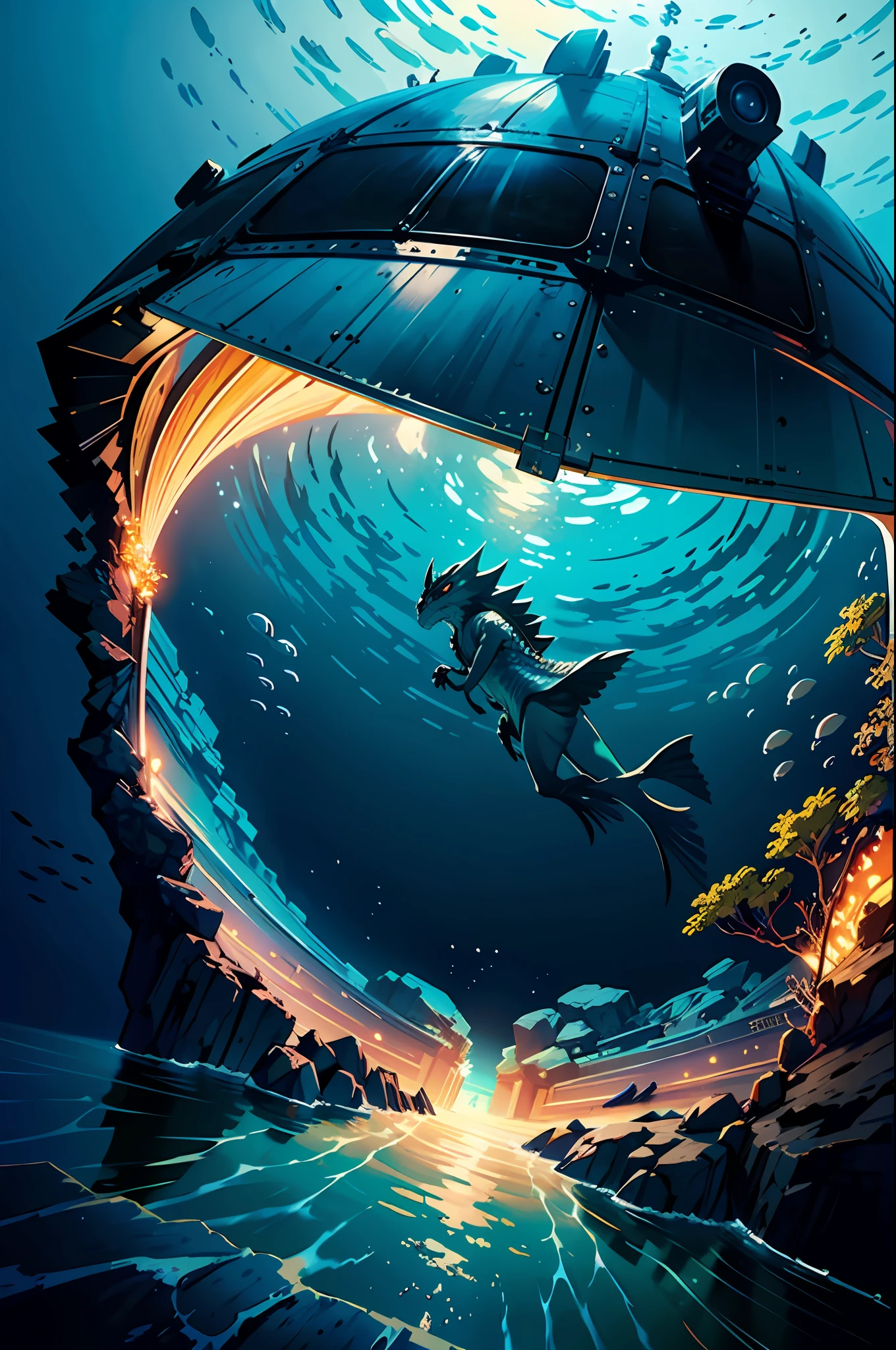 A masterpiece illustration of a giant glowing kaiju swimming in the deep ocean, ((fully submerged, deep underwater)), creature, glowing bioluminessent, glowing, (detailed background, surrounded by dark waters, sea floor, deep ocean, submerged), by sandra chevrier and greg rutkowski and wlop, bright light, digital art, highly detailed, fine detail, intricate, ornate, complex, octane render, unreal engine, photorealistic, 8k, 16k,