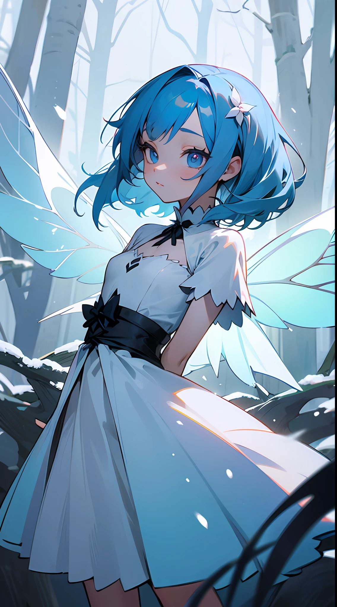 1 girl, baby blue hair, by IKZW, fairy, small, small size, fairy wings, snowy forest, torso up, goth dress
