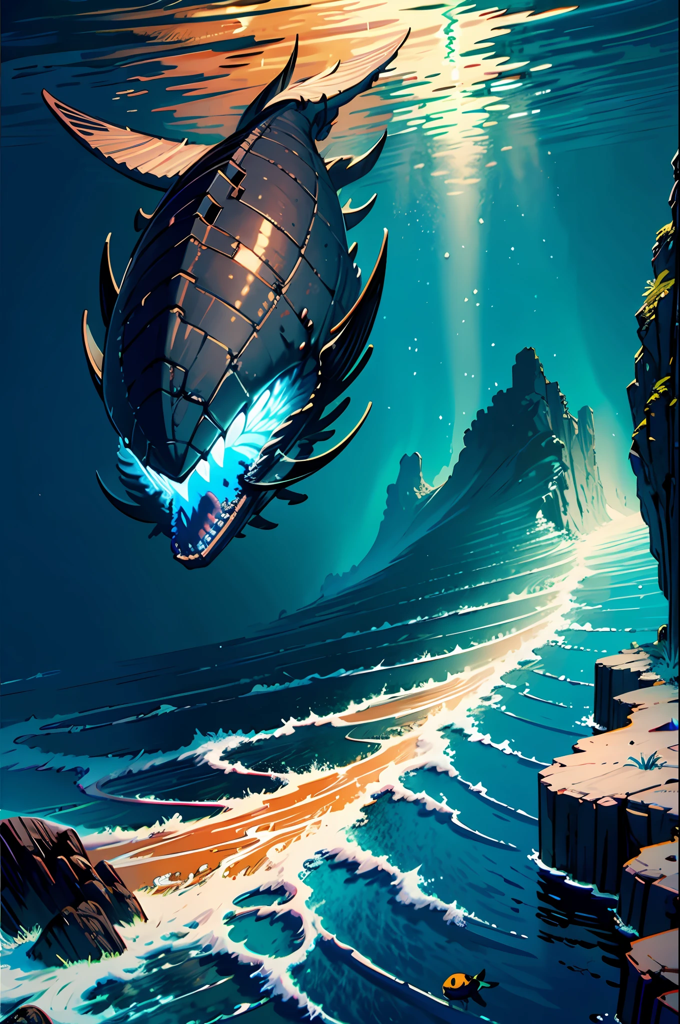 A masterpiece illustration of a giant glowing kaiju swimming in the deep ocean, ((fully submerged, deep underwater)), creature, glowing bioluminessent, glowing, (detailed background, surrounded by dark waters, sea floor, deep ocean, submerged), by sandra chevrier and greg rutkowski and wlop, bright light, digital art, highly detailed, fine detail, intricate, ornate, complex, octane render, unreal engine, photorealistic, 8k, 16k,