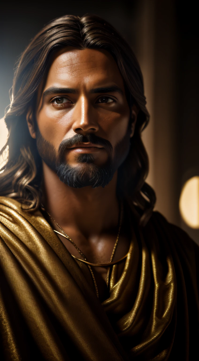 portrait of ancient Jesus, cinematic lighting, depth of field, bokeh, realism, photorealistic, hyperrealism, professional photography, uhd, dslr, hdr