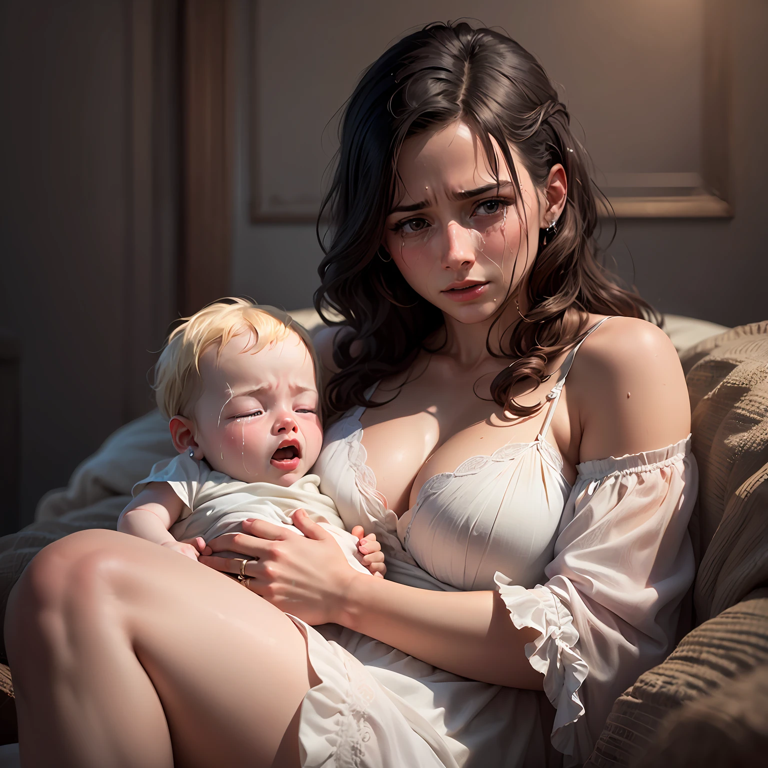 ((ultra realistic, top quality, super definition, high definition)), woman, mother, with 2 on her lap crying, in the dark room, crying about not being able to make him sleep