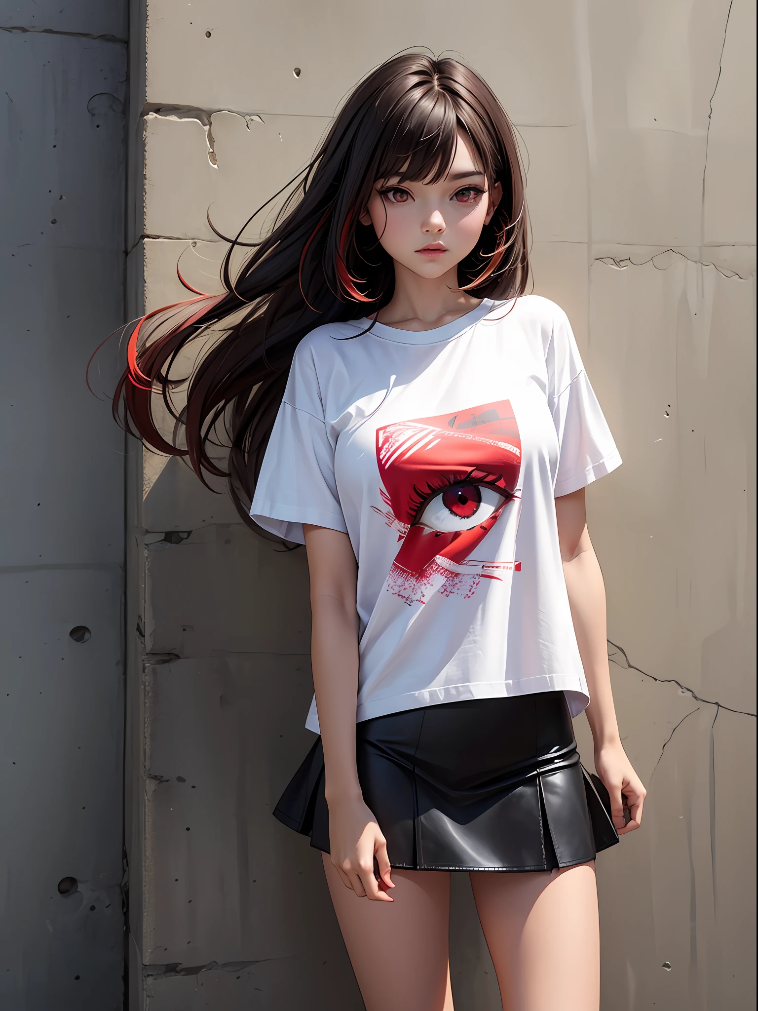top-quality, intricate detailes, chromatic abberation, 1girl in, length hair, A dark-haired, Unkempt hair, red highlights, red eyes, sharp eye, Oversized white T-shirt, Ultra mini skirt, pantiy, Cowboy Shots, wind lift, (oversize tshirt: 1.2 inch),against a wall, Concrete walls, doodle, Dim lighting, alleyway
