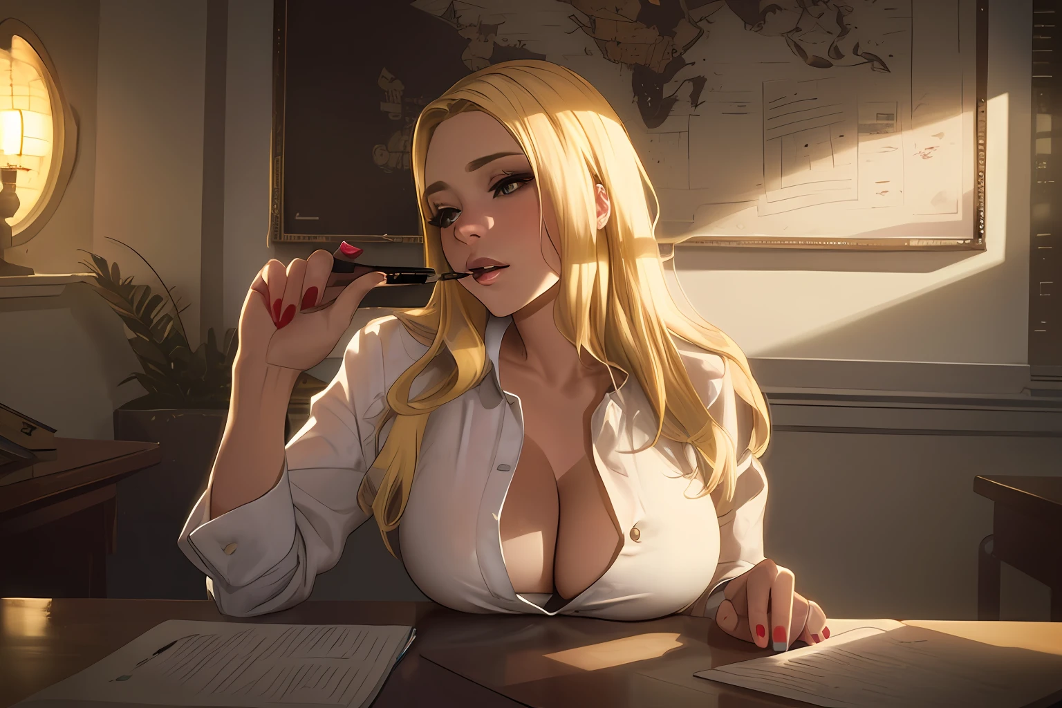 "A stunning blonde woman in a classroom, bathed in dramatic lighting, elegantly holding a pen in her mouth, captured in a cinematic shot, with her features beautifully emphasized, showcasing her voluptuous figure."