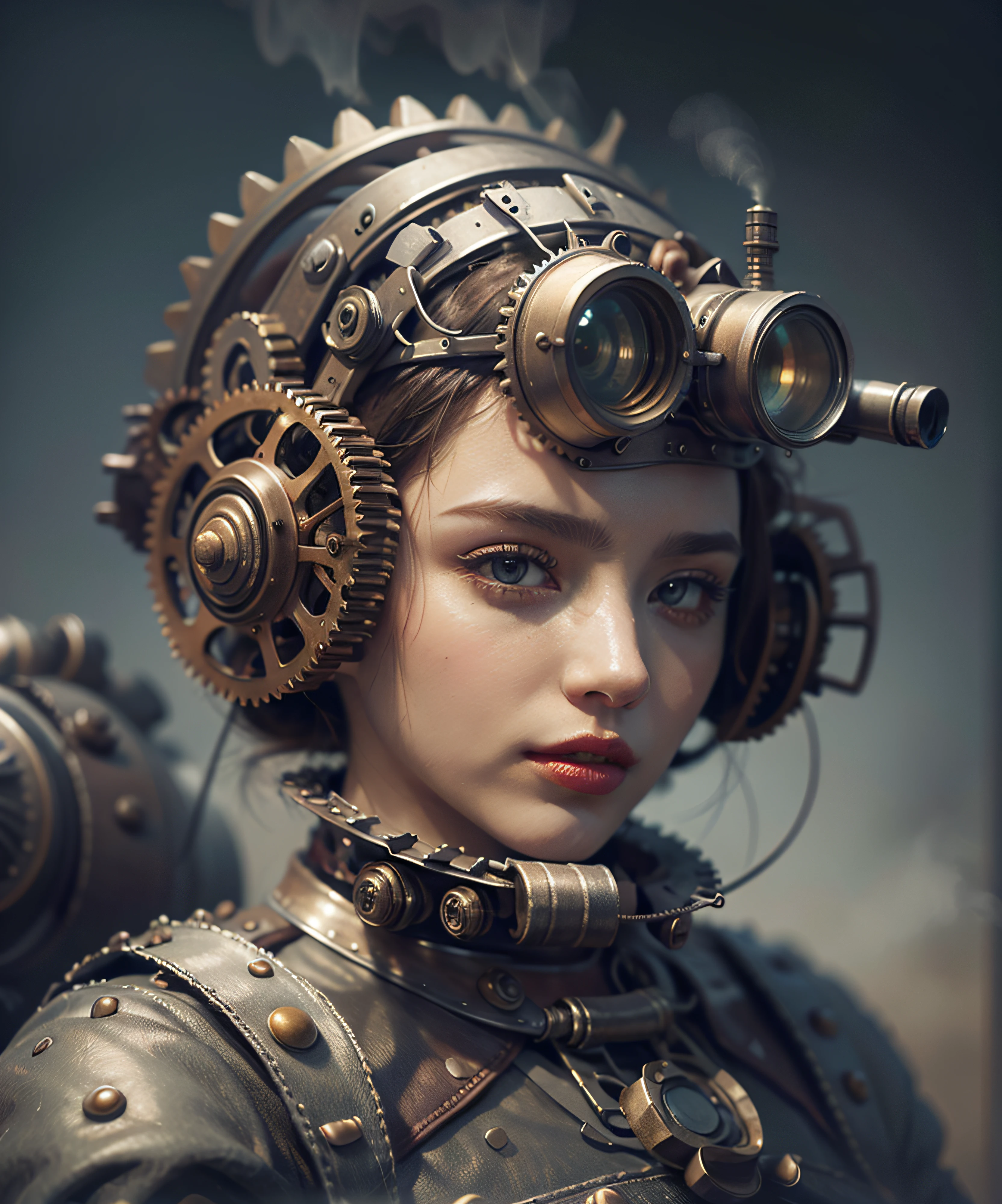 There's a woman with gears attached to her head with steam, Portrait of a mechanical woman, Arte digital 4K realista, Arte digital 4K realista, Wojtek FUS, Arte digital altamente detalhada em 4k, Cyber Steampunk 8K 3D, arte steampunk digital, Arte digital realista 8k, Arte digital detalhada em 4k, Arte cyberpunk 8K ultrarrealista, arte conceitual ultra realista,