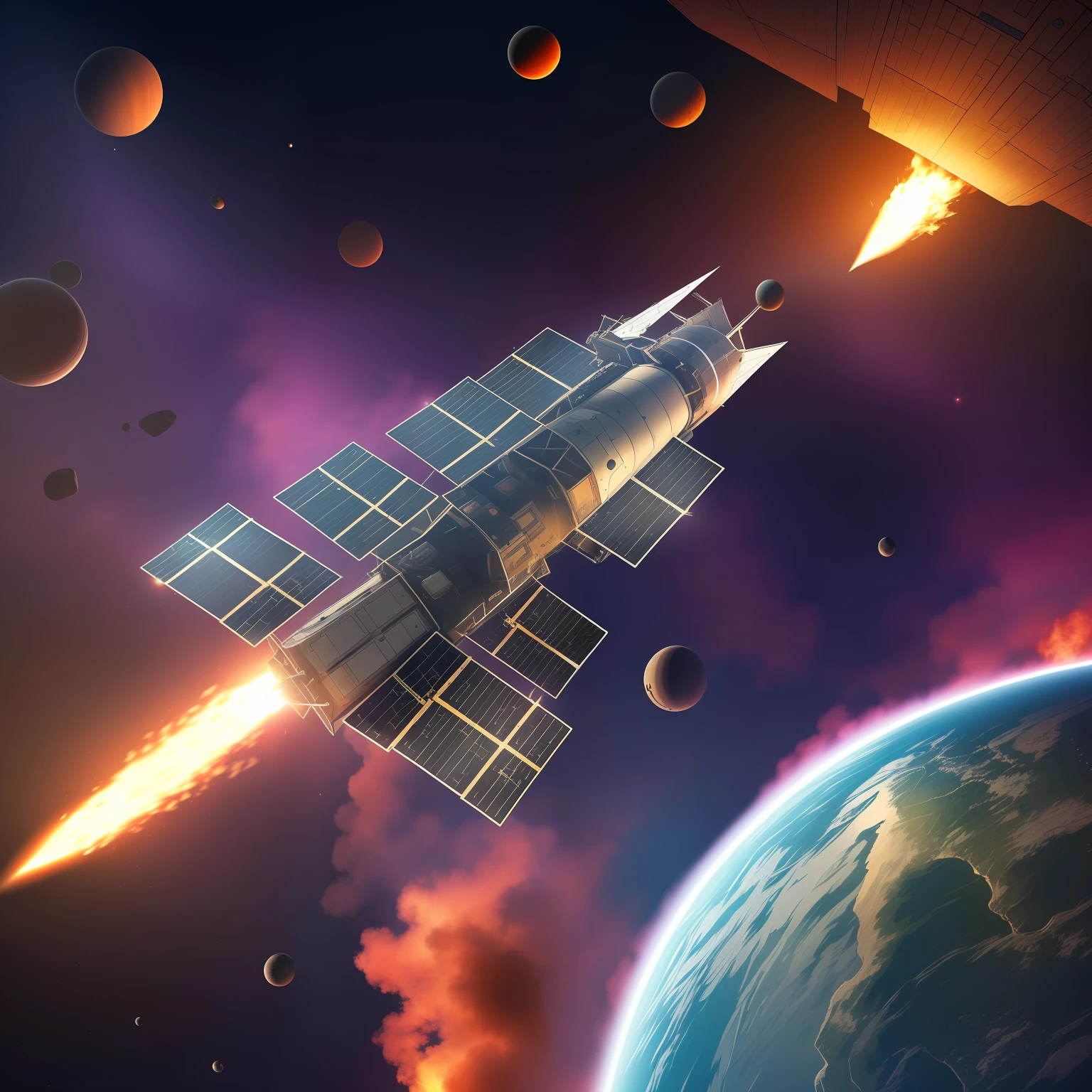 Create a scene where a spacecraft is maneuvering through a field of burning asteroids, dodging debris at high speed while trying to reach the lead, in ultra-reality image, HD, such as 1920 x 1080 px, 8k --auto --s2
