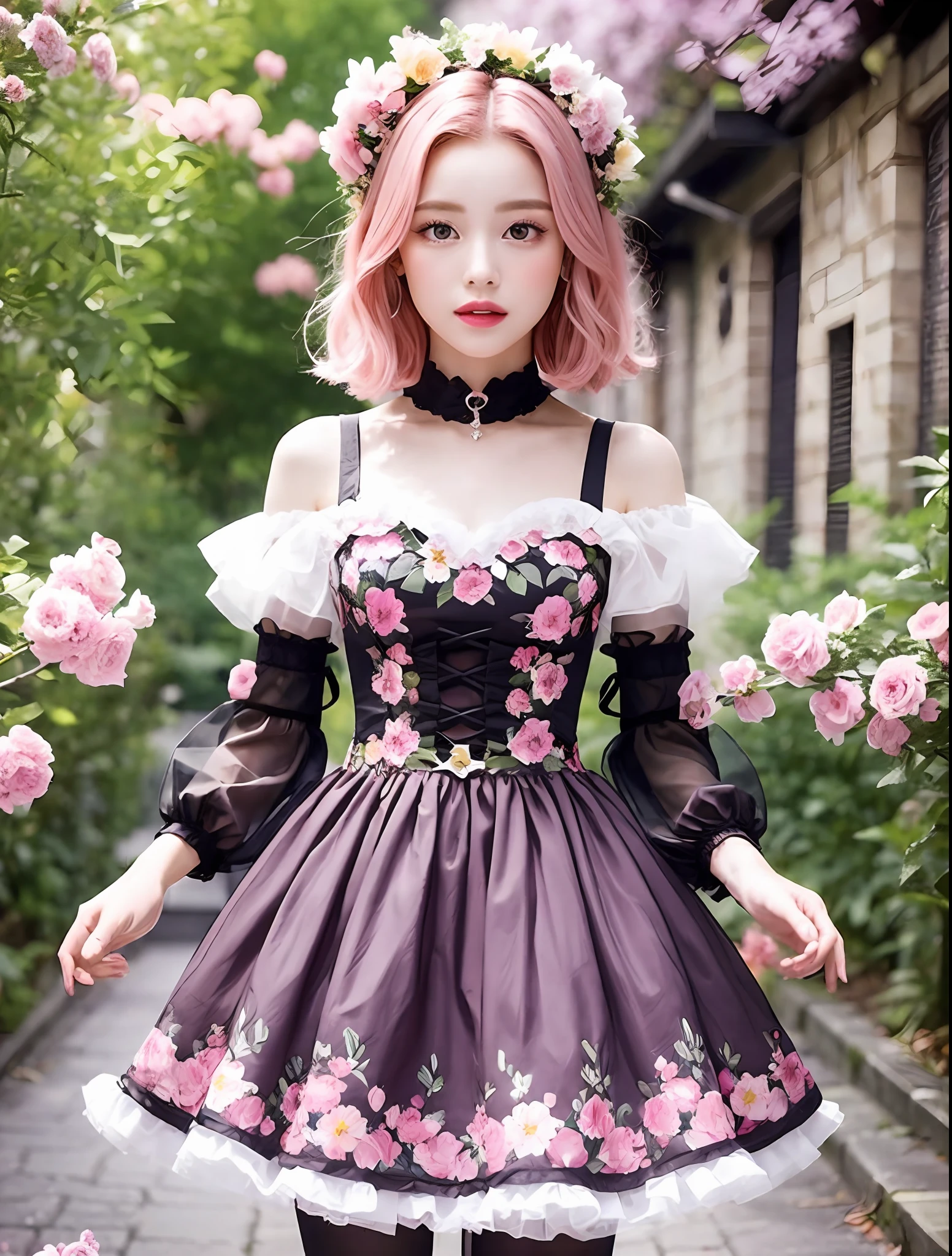 Fantasy works with a pink theme, Dynamic composition with a sense of dynamism, Beautiful girl in screenshot of pink dress, 12year old,Pink hair color,In the style of Fairy Kay, Floral accents, Surrounded by many pink flowers, vignettes of paris, Fairey Academia, white, Festive atmosphere, Kaymills - AR146:193 - V5.2 - Variations (Strong)