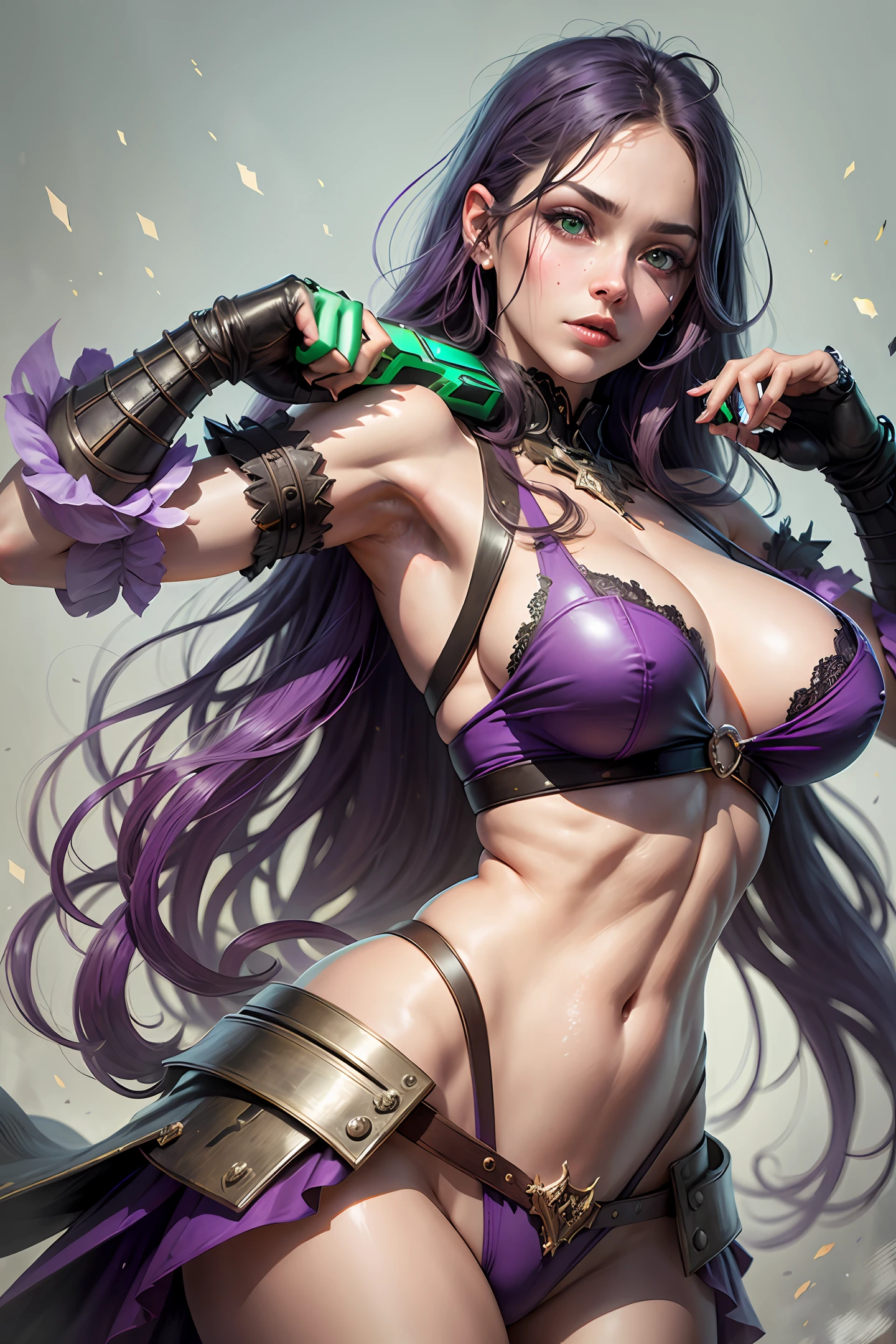 female demon hunter, realistic, double guns, purple long straight hair, green eyes --auto --s2