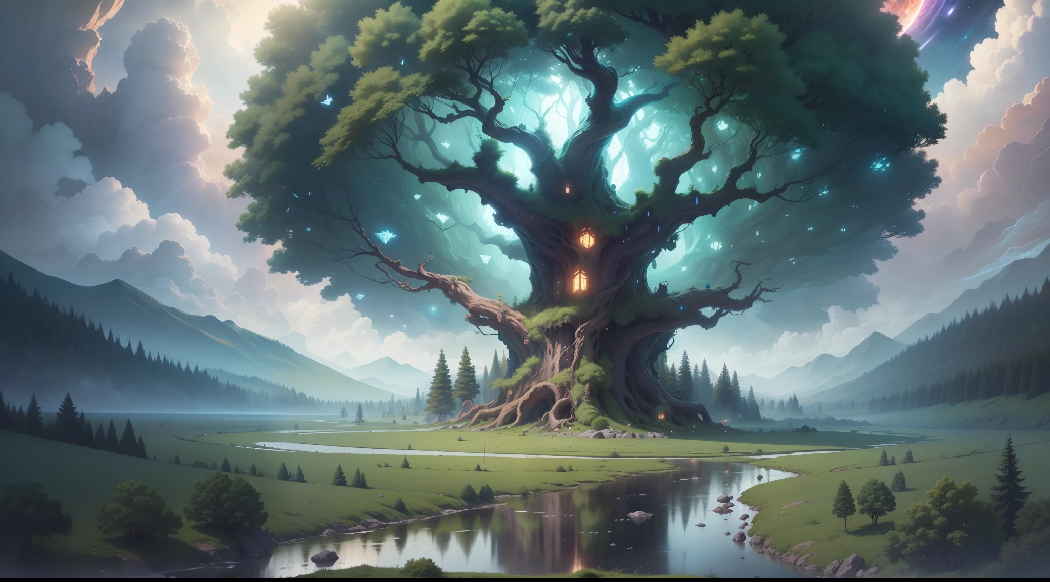 Illustration of a surreal, otherworldly, hyper sky scene including a giant crystal tree full body, highly detailed and magical lighting, intricate forest details, vegetation and surrounding river, solar punk, landscape, giant tree , beautiful green leaves, beautiful lighting and realistic proportions, as if this is a movie background, 8k, highest quality, masterpiece, clouds and stars in the sky.