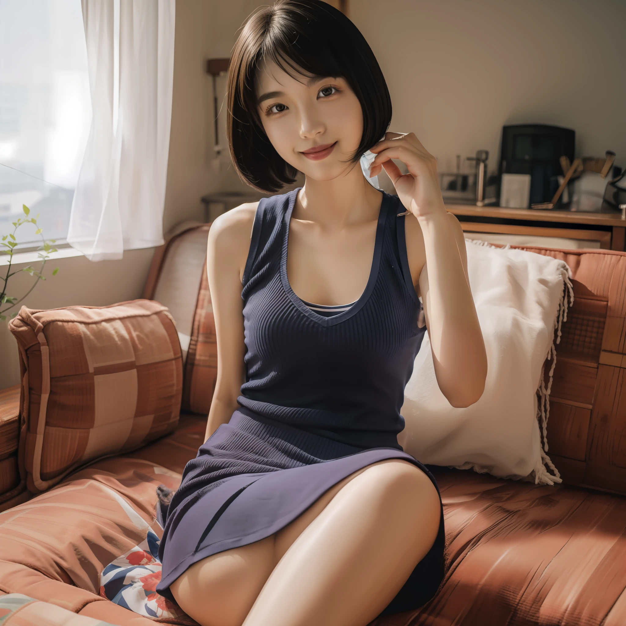 There was a woman sitting in the living room, 20 years old woman, 8k selfie photograph, Bob cut,miss korea, Smiling,white sleeveless vest,