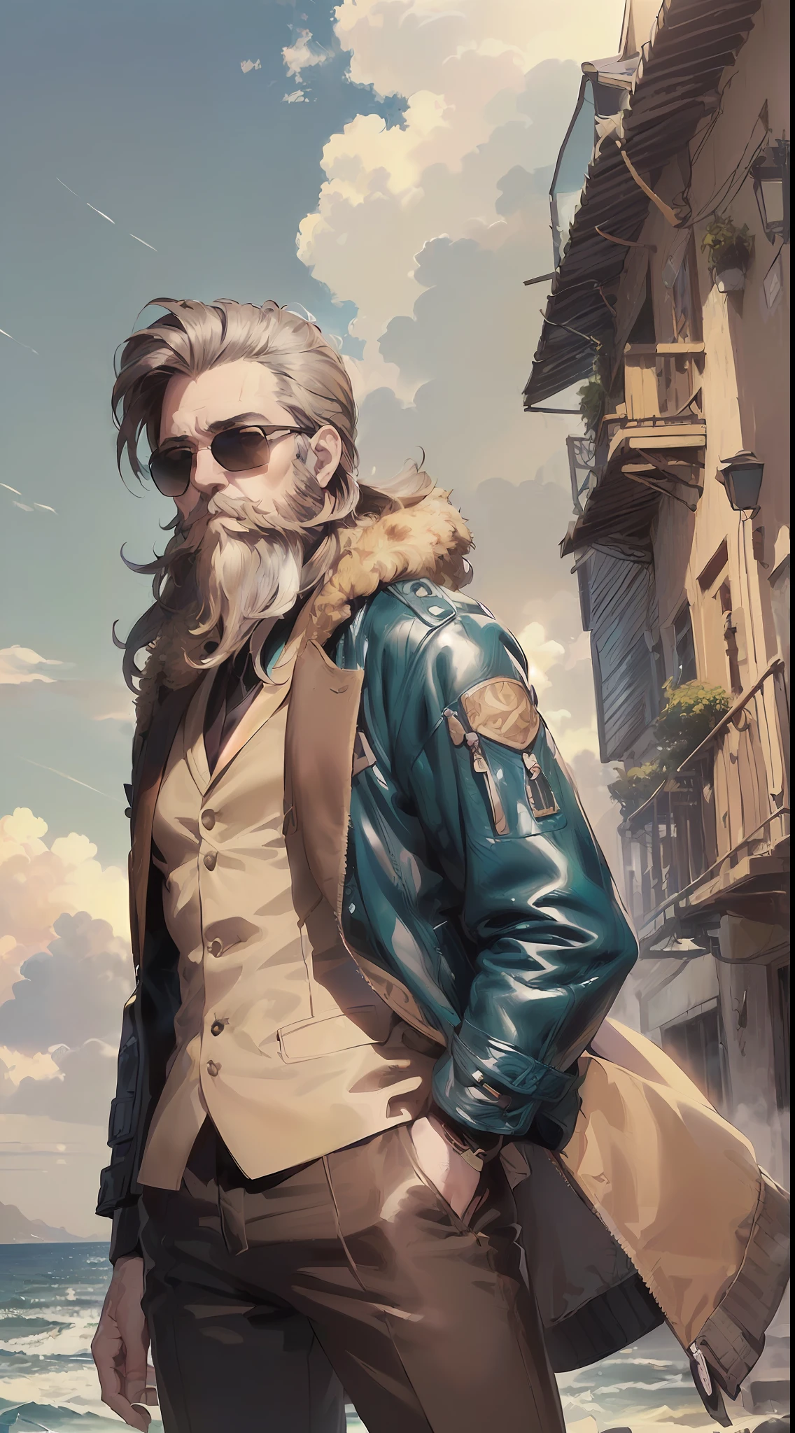 「(8k wallpaper:1.5)、(high-level image quality:1.3)、(animesque, illustratio:1.6)、(male people、独奏、Middle Age、a beard:1.4)、(Sunglasses:1.5)、(low angles:1.2)、(Long jacket、Rider Suit:1.5)、(sea side:1.3)、(sepia, gradients:1.5)」