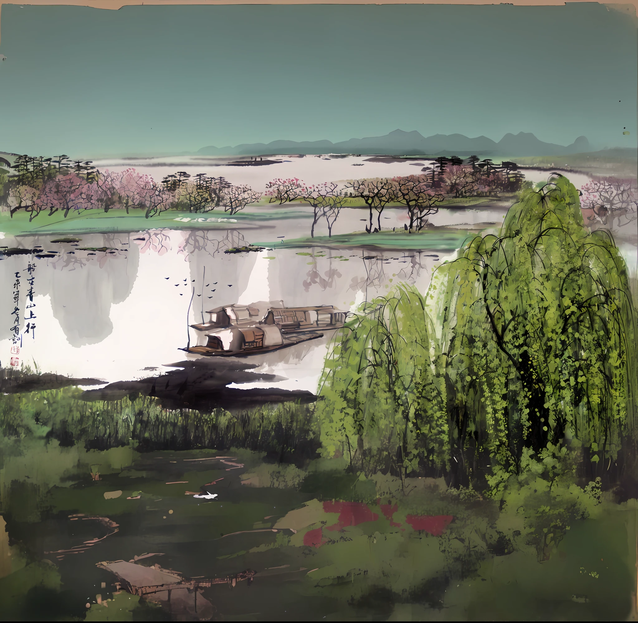 Painting of a boat in the river，The background is a mountain, Inspired by Wu Guanzhong, author：Wu Guanzhong, inspired by Wang Yuanqi, Chinese landscape, author：Fu Miao, inspired by Dong Qichang, author：Luo Mu, author：Shao Mi, inspired by Wu Changshuo, Traditional Chinese watercolor, author：Li Zai