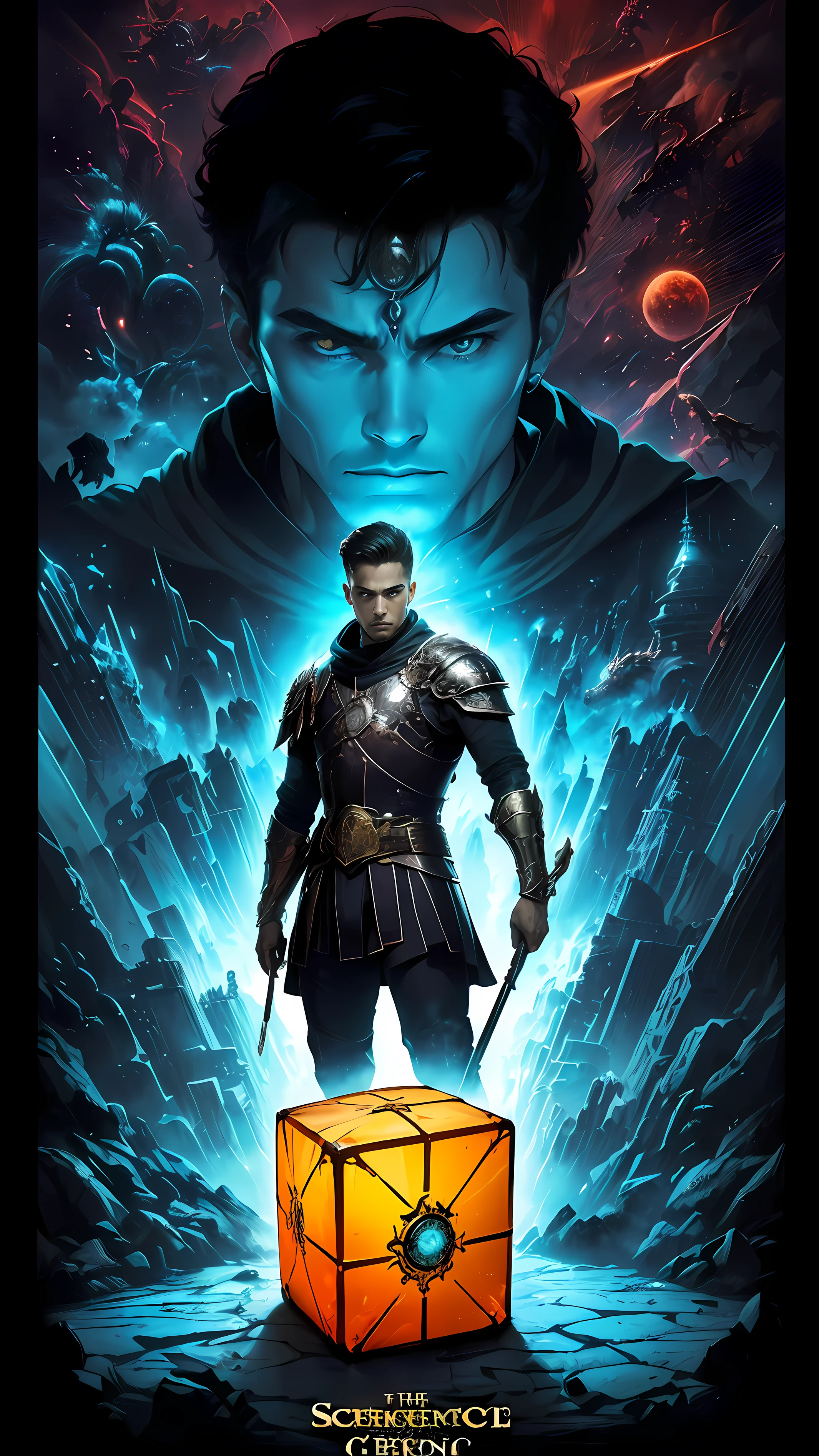 ((((Dramatic))), (((corajoso))), (((intenso))) cartaz de filme sem texto,  apresentando jovem-guerreiro:1.4 de 14-anos-idade:1.5 de estatura baixa:1.4  guerreiro com seu bracelete-e-um-cubo:1.5 square cube carved in gold by hand. personagem central e fundo corajoso, with a sense of danger and intensity. ((( CREATOR'S WATCH ))) (((( pieces-elements-nature-form-suggests-dragon-silhouette-in-background:1.2 )))) general sense of drama and emotion. sem texto .  ((((Cover poster of the so-called science fiction))) ,The color palette is mostly dark with splashes of Vibrandos colors, giving the poster a dynamic and visually stunning appearance: 1.3), (estilo da capa: 1.3), elegante, Vibrando, majestoso , capa, ousado, draws attention,, ], cativante,, maior, impressionante, moderno, ((( capa de filme sem texto ))) ,  ((( Imagem apenas do cartaz 1Jovem guerreiro em armadura medieval ))) , moderno, foco filme , qualidade , --auto