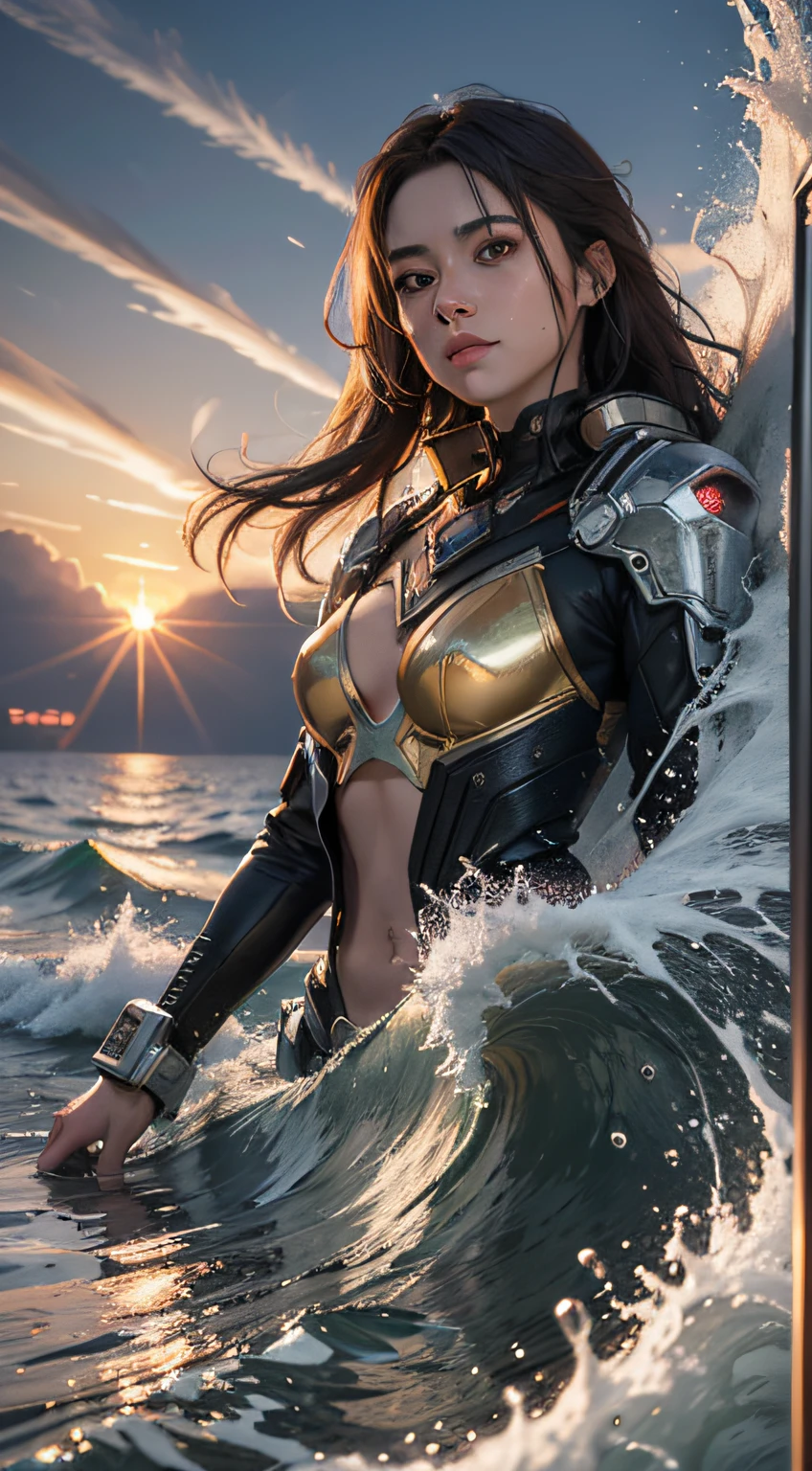((Best quality)), ((masterpiece)), (detailed:1.4), 3D, an image of a beautiful cyberpunk female,HDR (High Dynamic Range),Ray Tracing,NVIDIA RTX,Super-Resolution,Unreal 5,Subsurface scattering,PBR Texturing,Post-processing,Anisotropic Filtering,Depth-of-field,Maximum clarity and sharpness,Multi-layered textures,Albedo and Specular maps,Surface shading,Accurate simulation of light-material interaction,Perfect proportions,Octane Render,Two-tone lighting,Wide aperture,Low ISO,White balance,Rule of thirds,8K RAW,Masterpiece, best quality, (8k very detailed CG unit wallpaper) (best quality), (best illustration), (best shading) a golden sea wave, bright orange aol sunset through the wave, golden water drops flying, (:1. 6),