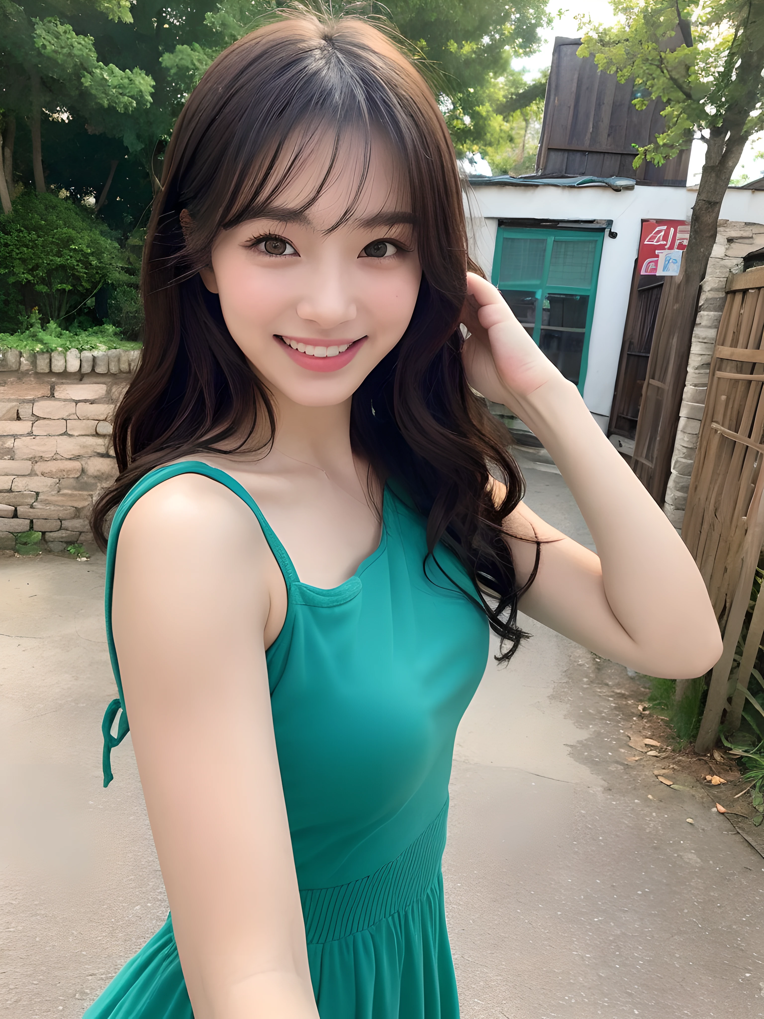 (((Best image quality,8K quality),tmasterpiece)), Drawing style tag: Natural casual hairstyle:1.2, dress detailed:1.1, The body emphasized: 1. Slender female abs:1.3, plumw:1.2, Summary of body details: Refined face:1, 二重まぶた:1, ssmile:1, Picture scene details: Beautiful village, Female life.