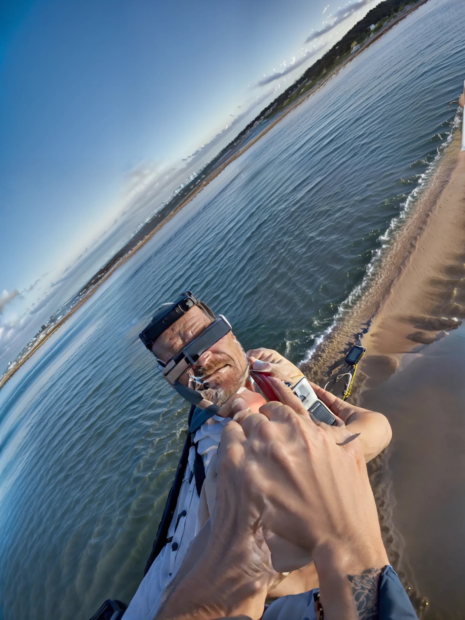 there is a man taking a selfie with his cell phone, with sunset, the ocean in the background, selfie shot straight on angle, shot on gopro9, shot on iphone 1 3 pro max, caio santos, reddit post, by Alexis Grimou, photo taken with canon 5d, shot on iphone 1 3 pro, at the sea