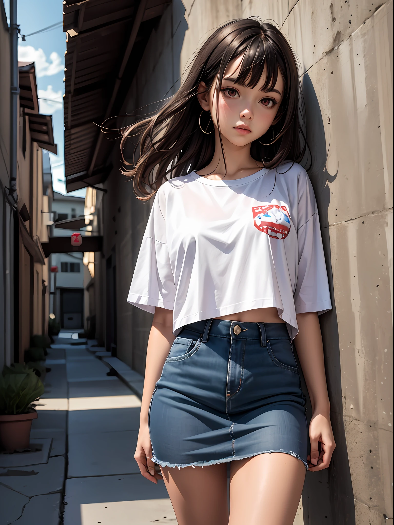 top-quality, intricate detailes, chromatic abberation, 1girl in, length hair, A dark-haired, Unkempt hair, White Highlights, red eyes, sharp eye, Oversized white T-shirt, Ultra mini skirt, pantiy, Cowboy Shots, wind lift, (oversize tshirt: 1.2 inch),against a wall, Concrete walls, doodle, Dim lighting, alleyway