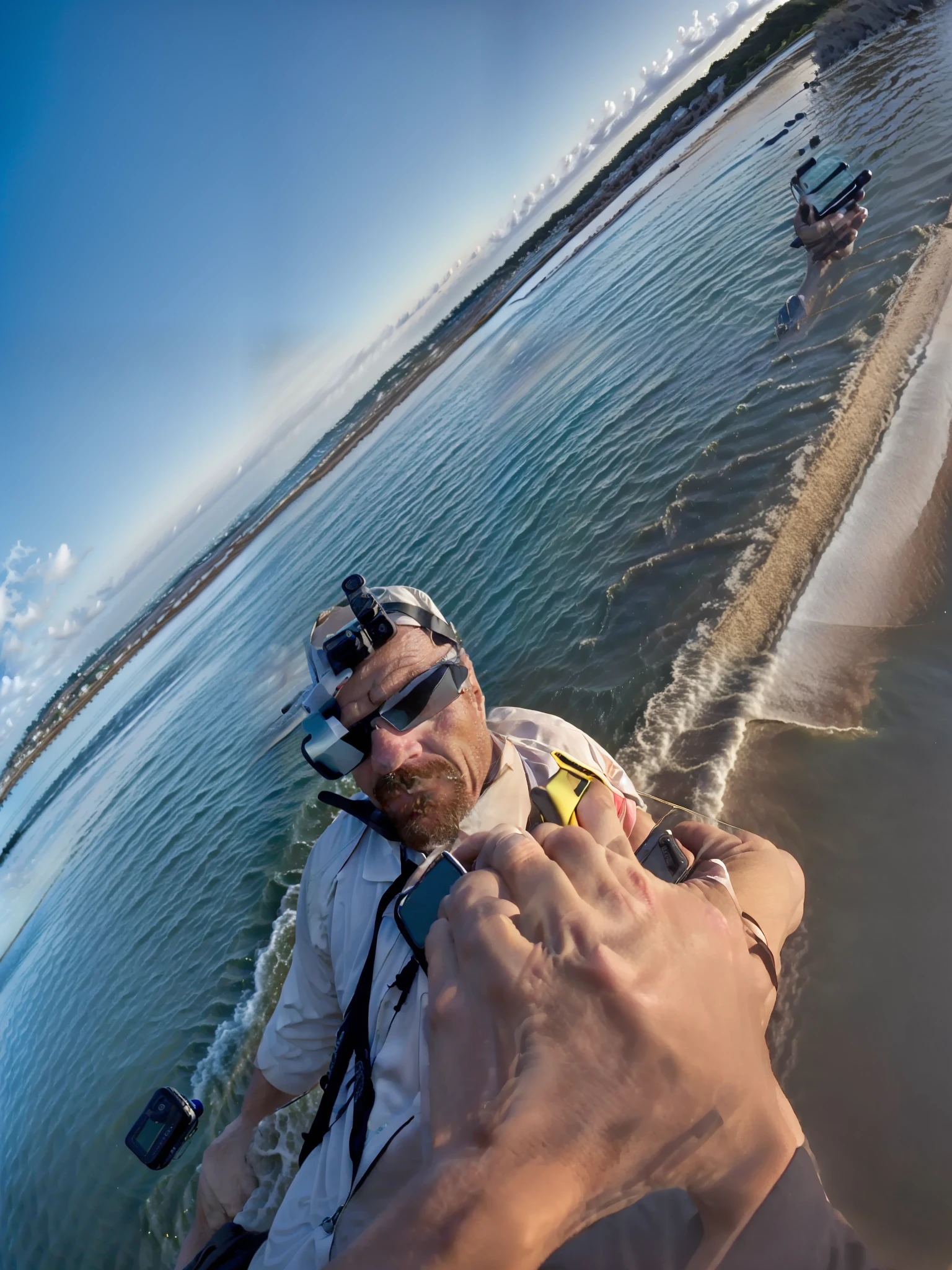 there is a man taking a selfie with his cell phone, with sunset, the ocean in the background, selfie shot straight on angle, shot on gopro9, shot on iphone 1 3 pro max, caio santos, reddit post, by Alexis Grimou, photo taken with canon 5d, shot on iphone 1 3 pro, at the sea