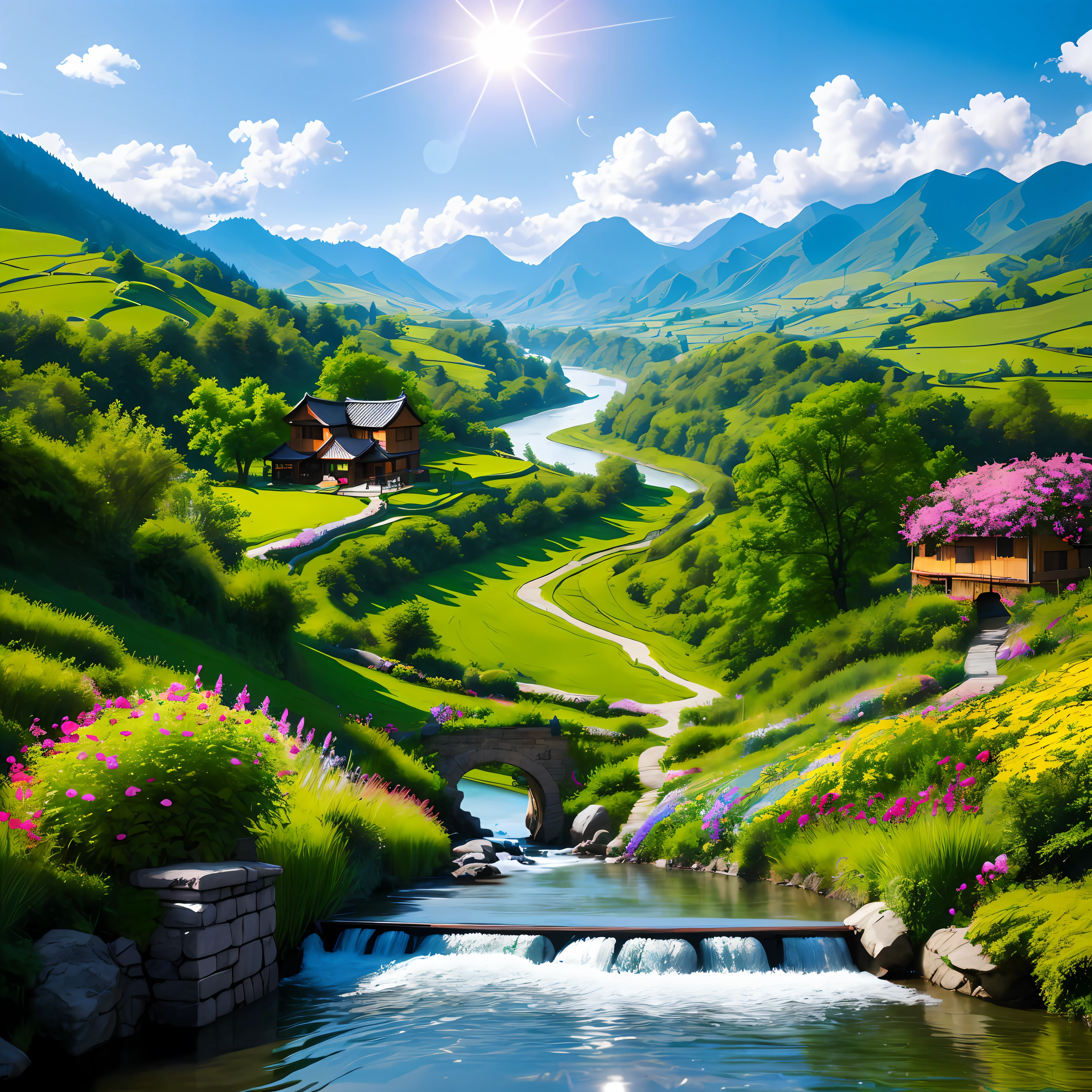 This intoxicating AI painting transports us to a wonderland-like scene,It seemed like a perfect holiday destination full of stories。The painting shows an idyllic landscape,Pristine and rustic wooden fences surround this peaceful place。An ancient stone bridge spans a clear and rushing river,Above is a clear blue sky and flowing white clouds。Colorful flowers bloom in the blooming garden,The whole village exudes peace and calm。
Walk through the cobbled streets that wind and flow through the village,It's like traveling through the river of time。Cooking smoke rises from the chimney,Birds sing happily in the distance。Rolling mountains and vibrant green meadows form a tranquil backdrop,Makes a sense of tranquility and pleasant surroundings。
The painting exudes tranquility and warmth,It seems like a perfect place to get away from the hustle and bustle。In this livable environment,You can feel the peaceful atmosphere,Experience the warm atmosphere。Whether it's a walk in the soft sun,Or relax in comfort,It's all perfect getaway。