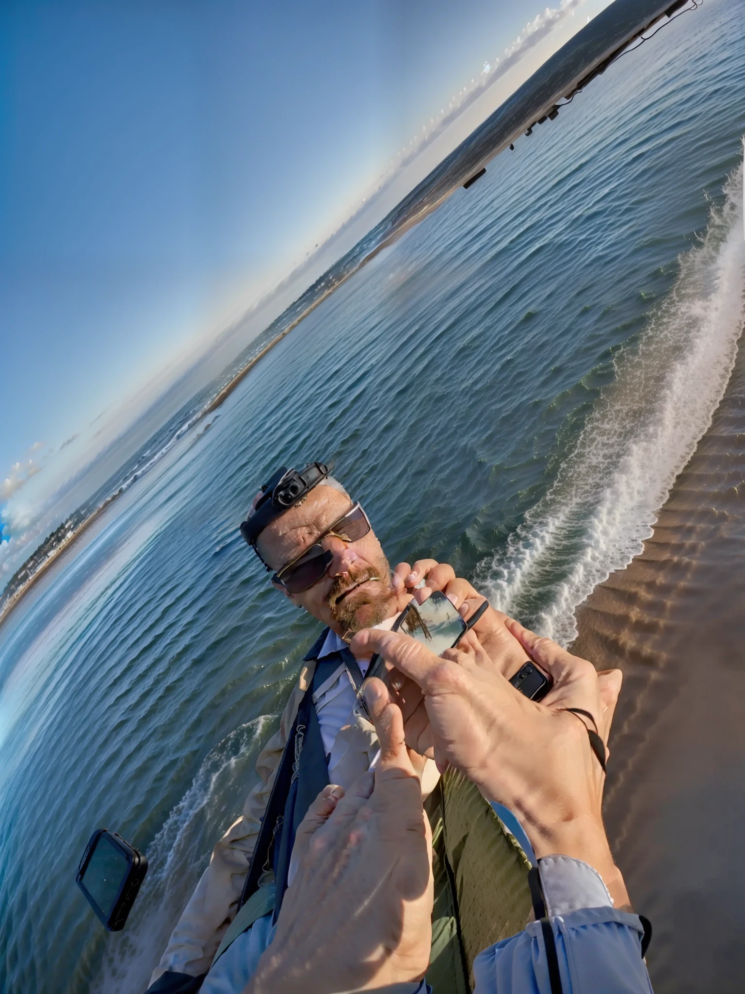 there is a man taking a selfie with his cell phone, with sunset, the ocean in the background, selfie shot straight on angle, shot on gopro9, shot on iphone 1 3 pro max, caio santos, reddit post, by Alexis Grimou, photo taken with canon 5d, shot on iphone 1 3 pro, at the sea