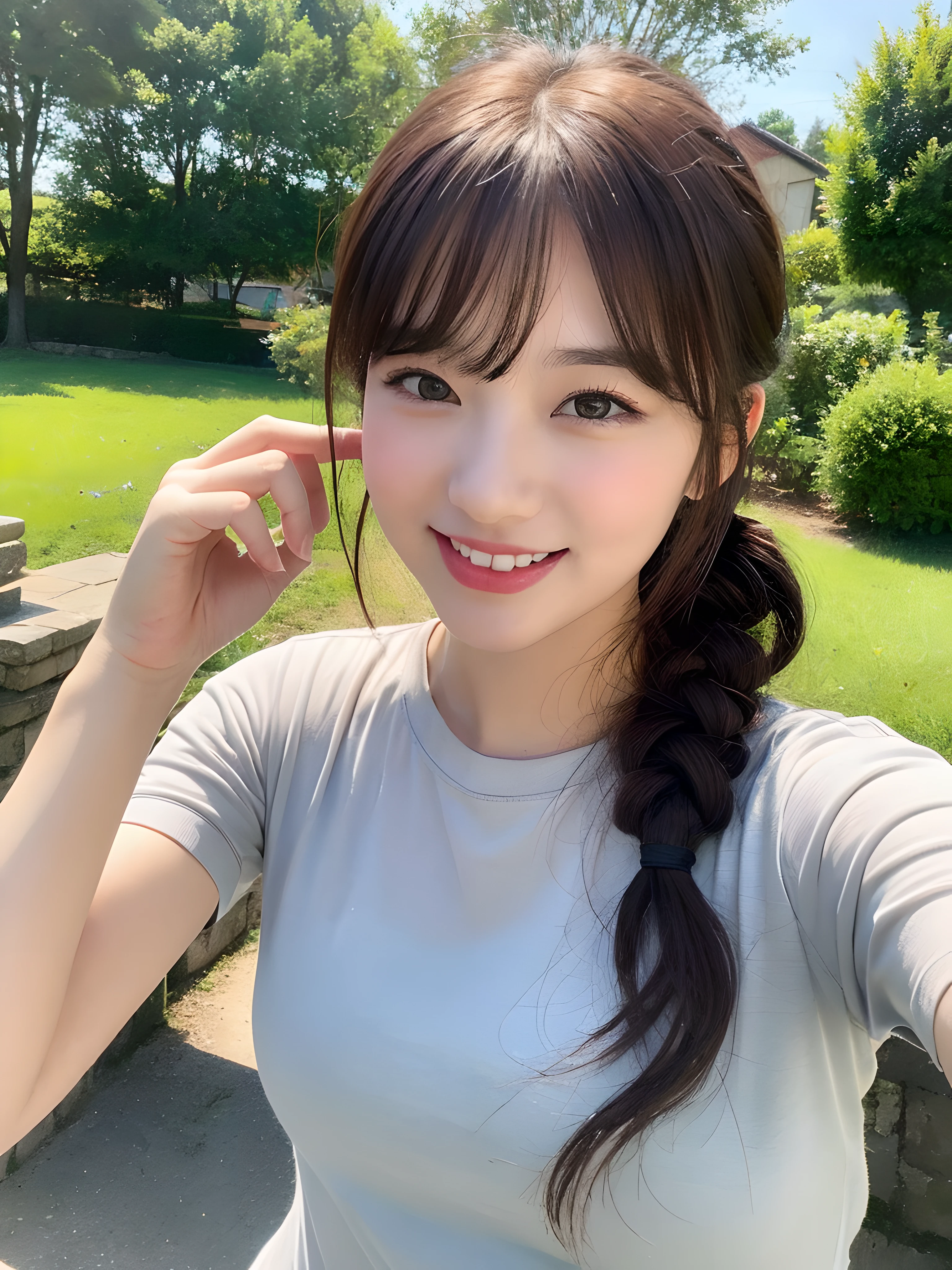 (((Best image quality,8K quality),tmasterpiece)), Drawing style tag: Natural casual hairstyle:1.2, dress detailed:1.1, The body emphasized: 1. Slender female abs:1.3, plumw:1.2, Summary of body details: Refined face:1, 二重まぶた:1, ssmile:1, Picture scene details: Beautiful village, Female life.