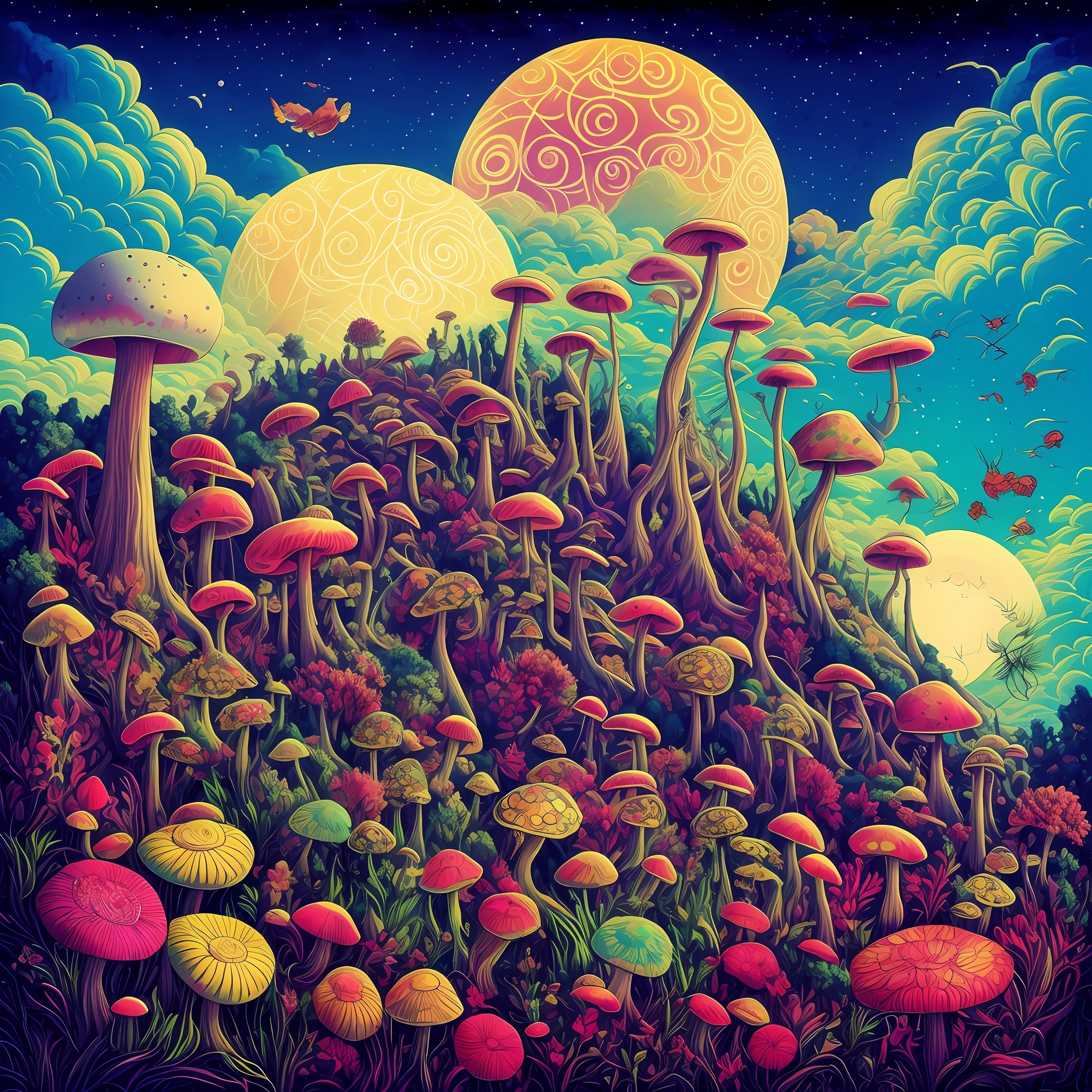 painting of a field of mushrooms with a full moon in the background and a les Paul gold top guitar between the mushrooms, psychedelic mushrooms dream, trippy art, psychedelic mushrooms, psychedelic illustration, james r. eads, trippy mushroom, psychedelic art style, magic mushrooms, shrooms, by Justin Gerard, fluorescent mushrooms, mushrooms milky way, psychedelics, psychedelic artwork, psychedelic art, psychedelic landscape, psychedelic surreal art, psychedelics flowers of cannabis sativa between the mushrooms