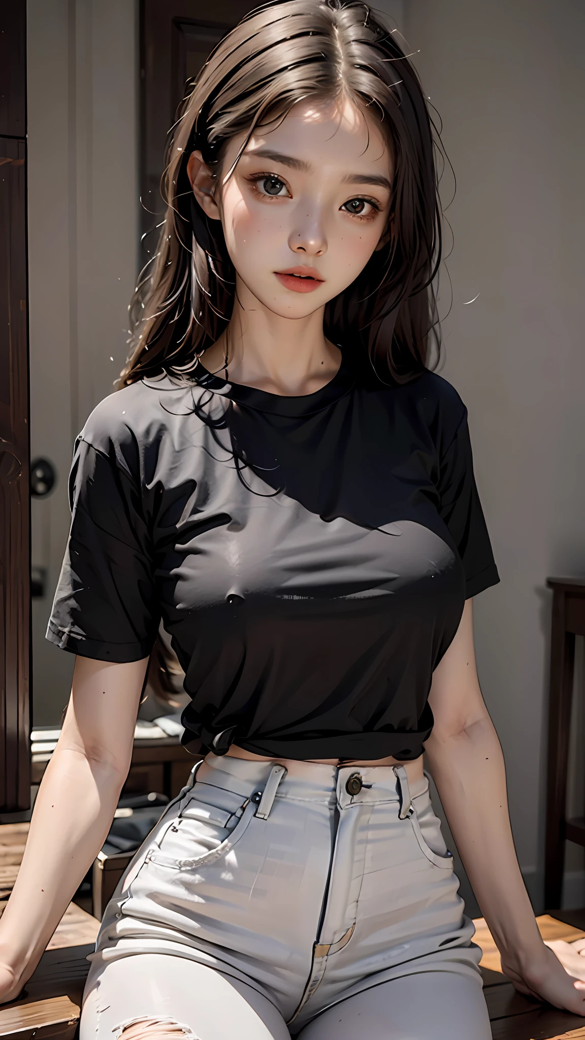 woman, long dark brown hair, gleaming detailed grey eyes, cute face, black T- shirt, white jeans, high quality