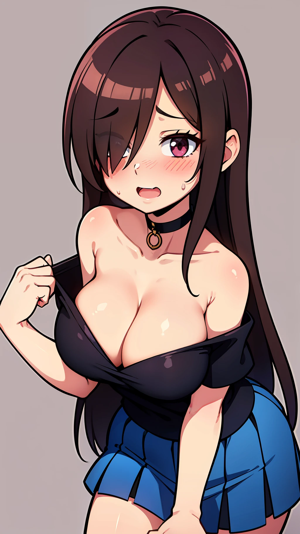 Brown long long hair, 1girl, hair over one eye, blush on cheeks,, excited, embarased, ashamed, turned on, black choker, burgundy shoulder-length shirt, open shoulders, open breasts, thin and tiny blue skirt, perfect quality, perfect High resolution, massive sexy breasts, sexy young girl, sexy loli