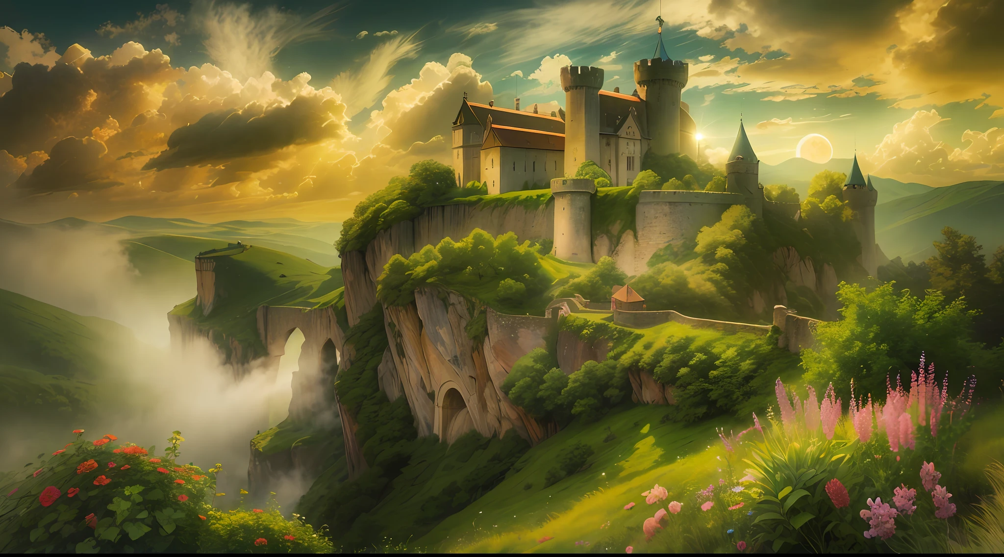Castelo medieval, Summer Solstice, montanhas verdes, flores abundantes, nuvens claras, leve nevoeiro, Fairy Mist, sol incandescente